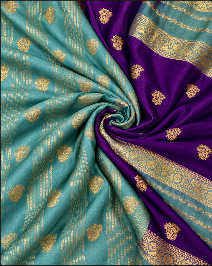 Aqua & Purple Mysore Semi Silk Saree with Gold Zari Motifs
