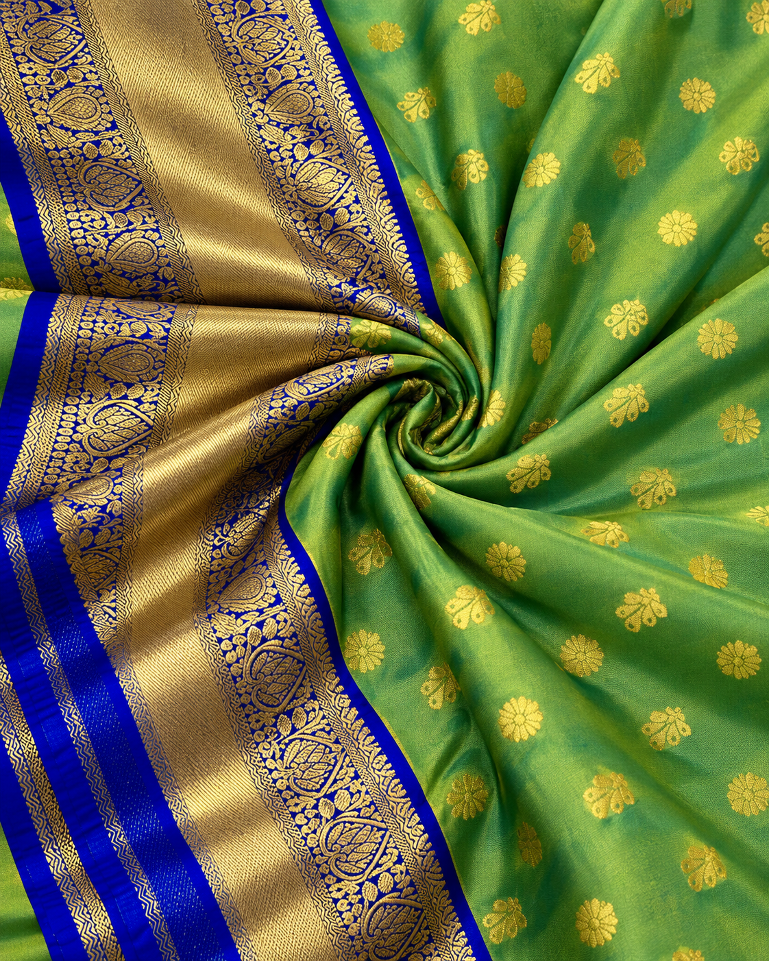 Green & Royal Blue Semi Kanjeevaram Silk Saree with Gold Zari Border