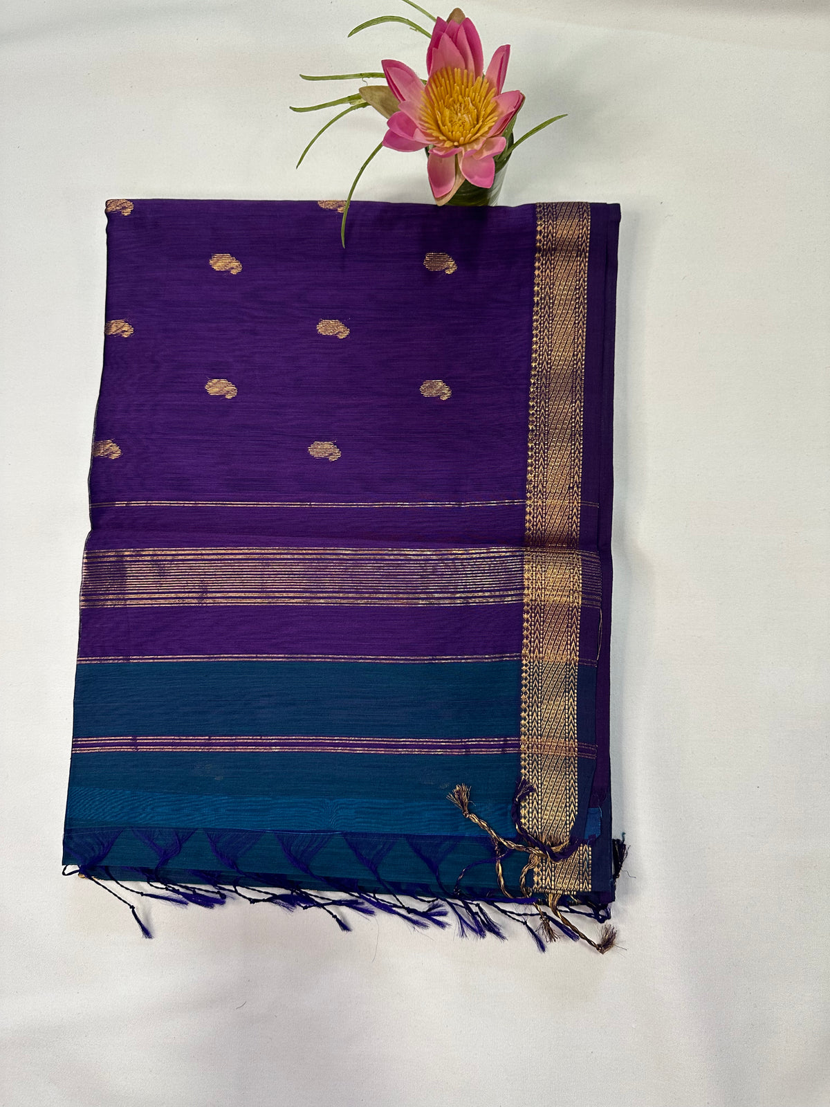 Teal Blue & Purple Saree with Gold Woven Border