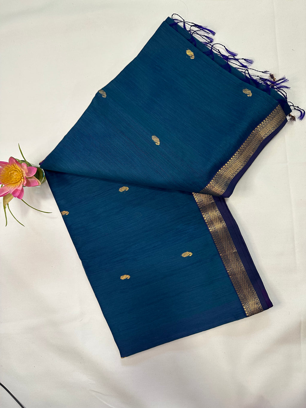 Teal Blue & Purple Saree with Gold Woven Border