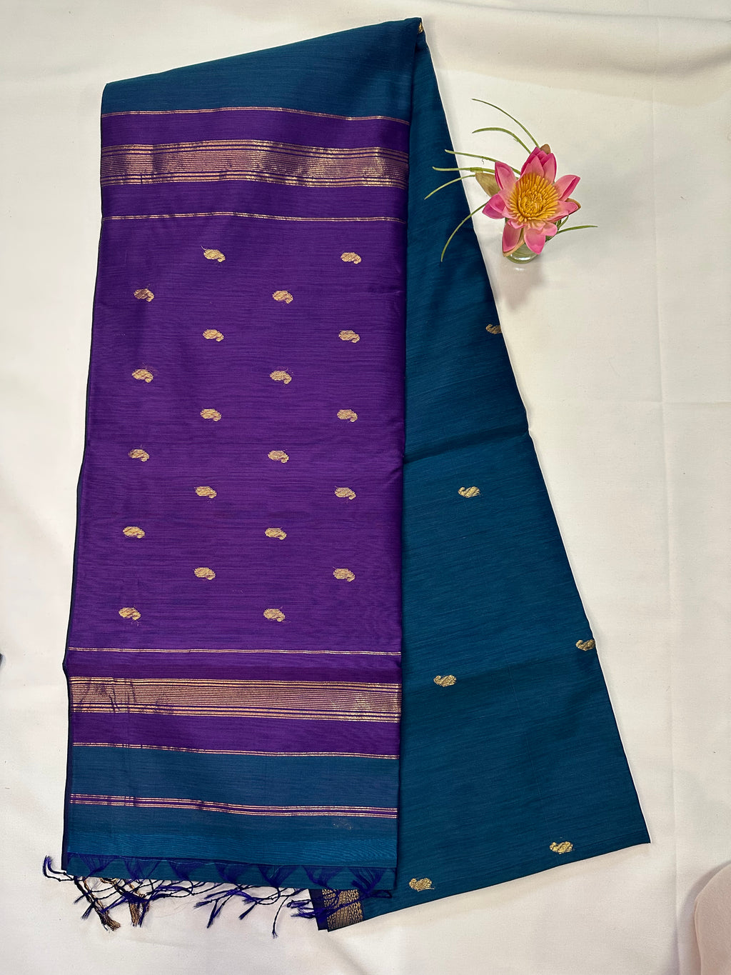 Teal Blue & Purple Saree with Gold Woven Border