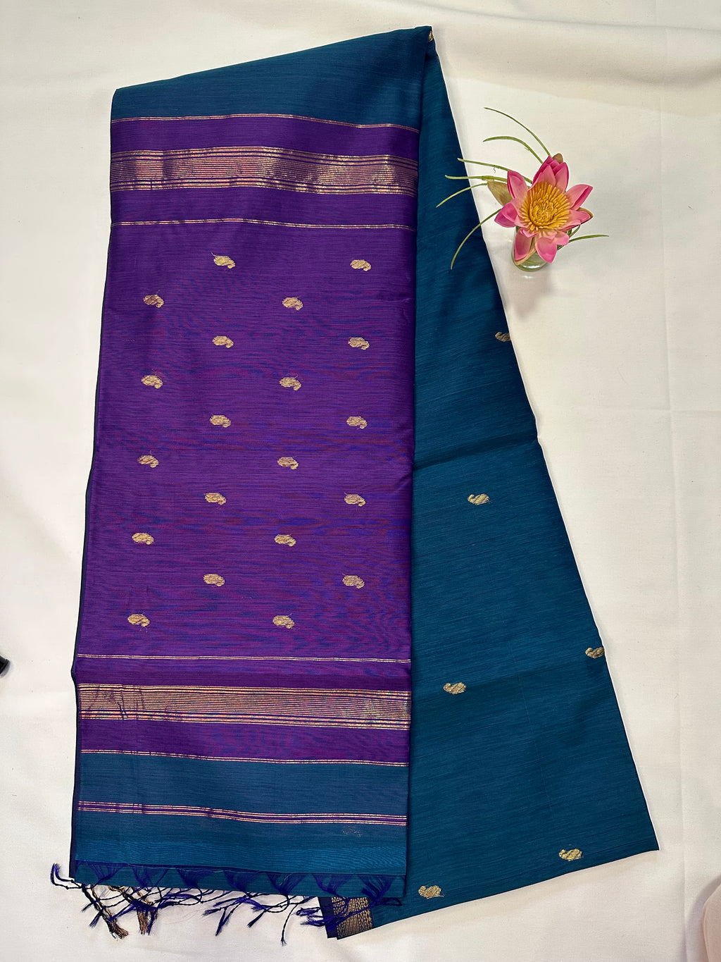 Teal Blue & Purple Saree with Gold Woven Border