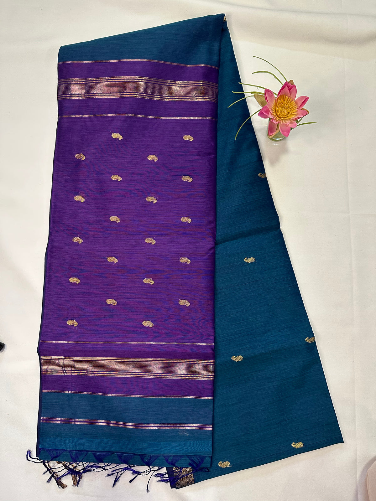 Teal Blue & Purple Saree with Gold Woven Border