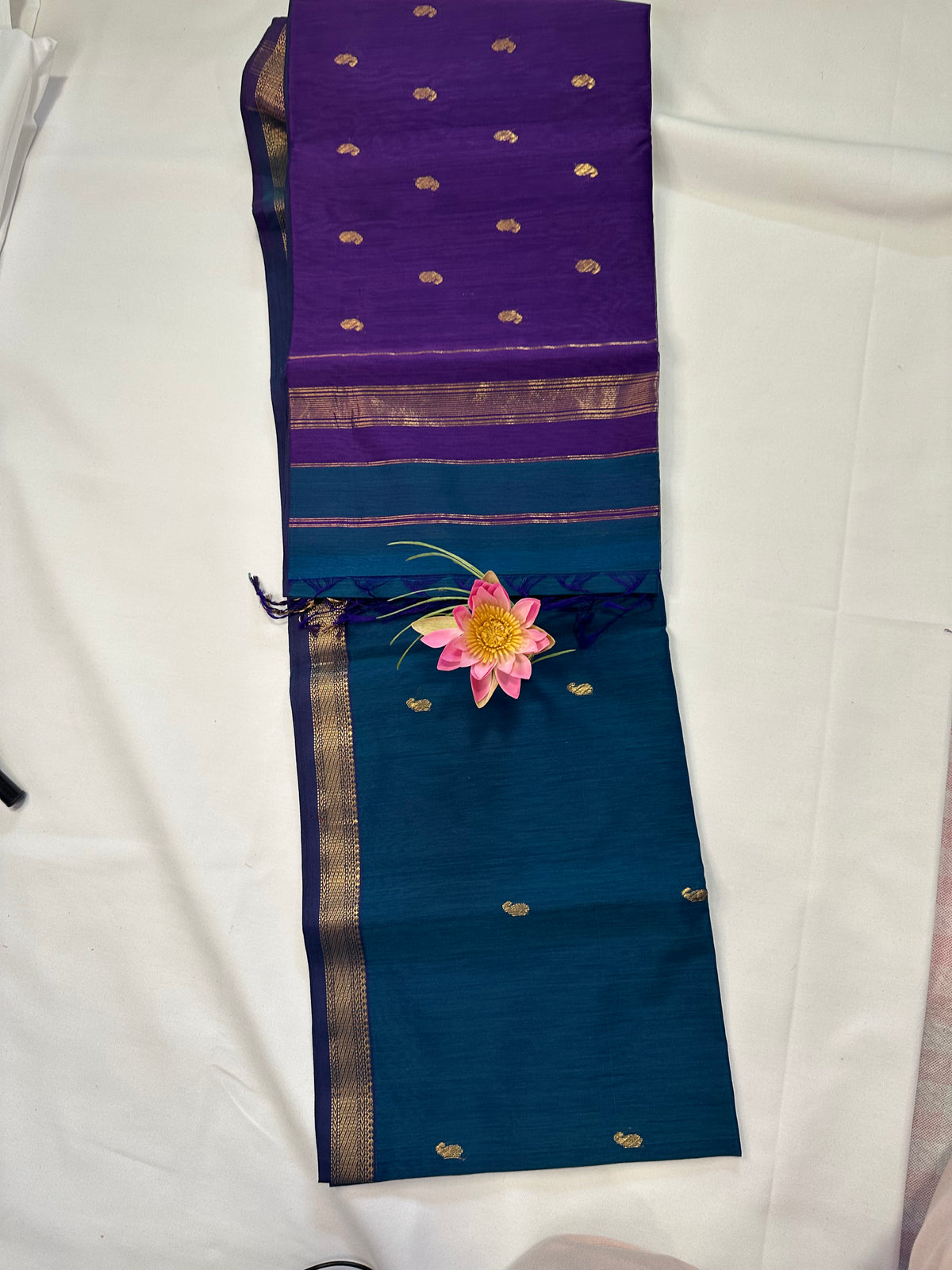 Teal Blue & Purple Saree with Gold Woven Border