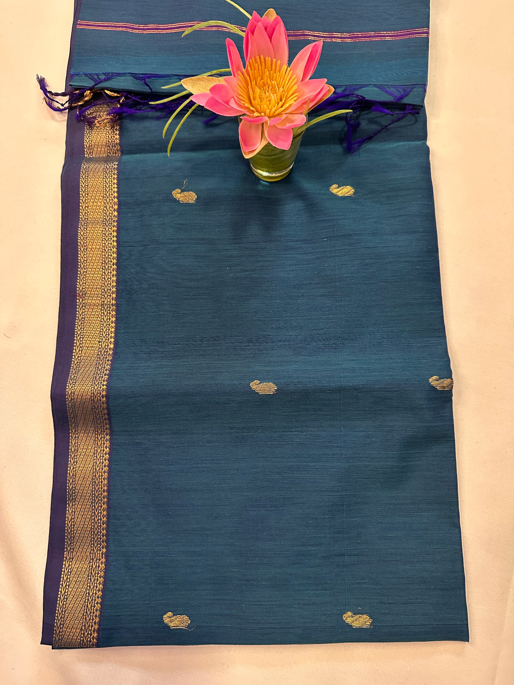 Teal Blue & Purple Saree with Gold Woven Border