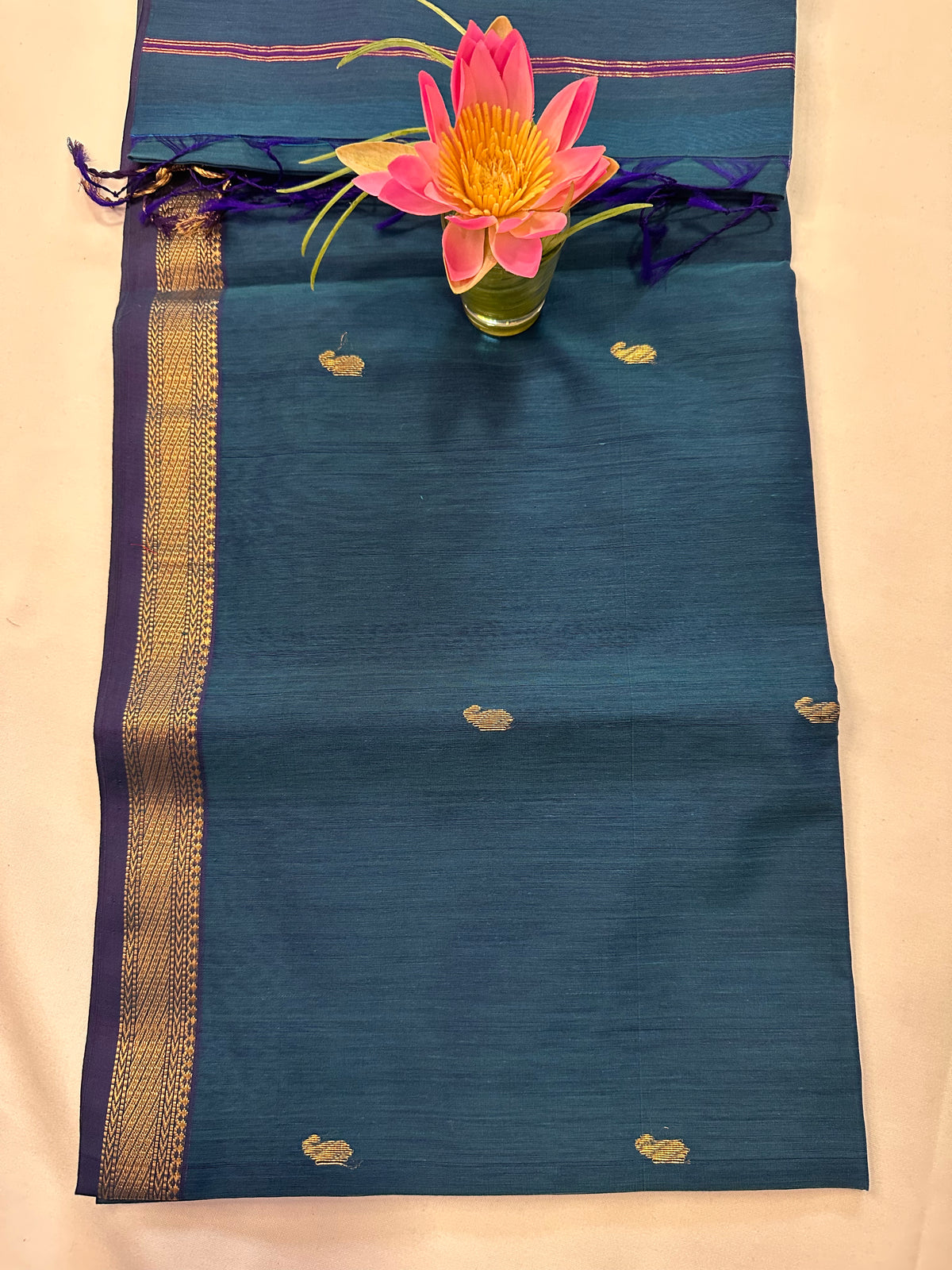 Teal Blue & Purple Saree with Gold Woven Border