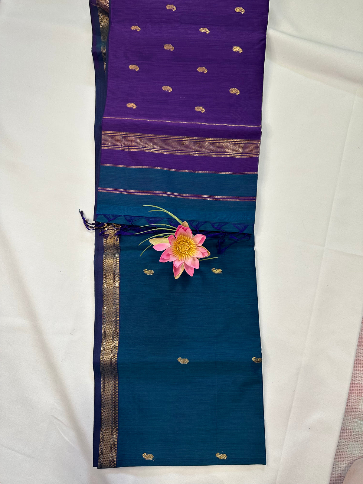 Teal Blue & Purple Saree with Gold Woven Border