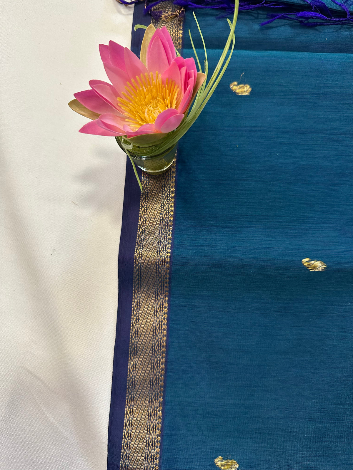 Teal Blue & Purple Saree with Gold Woven Border