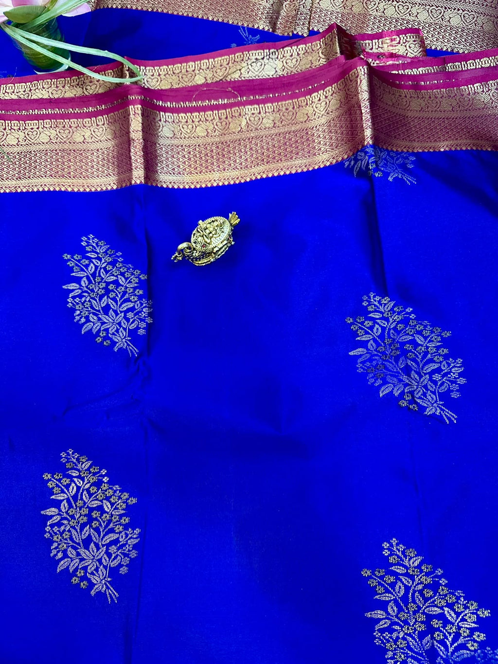 Royal Blue Semi-Silk Kancheepuram Saree with Gold & Pink Zari Border