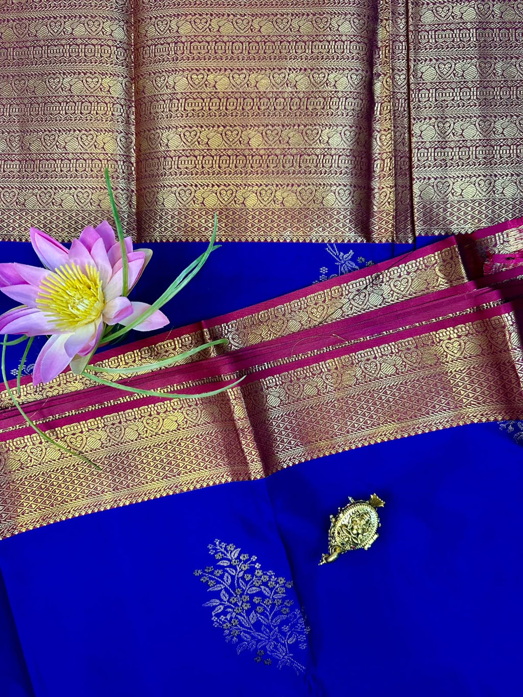 Royal Blue Semi-Silk Kancheepuram Saree with Gold & Pink Zari Border