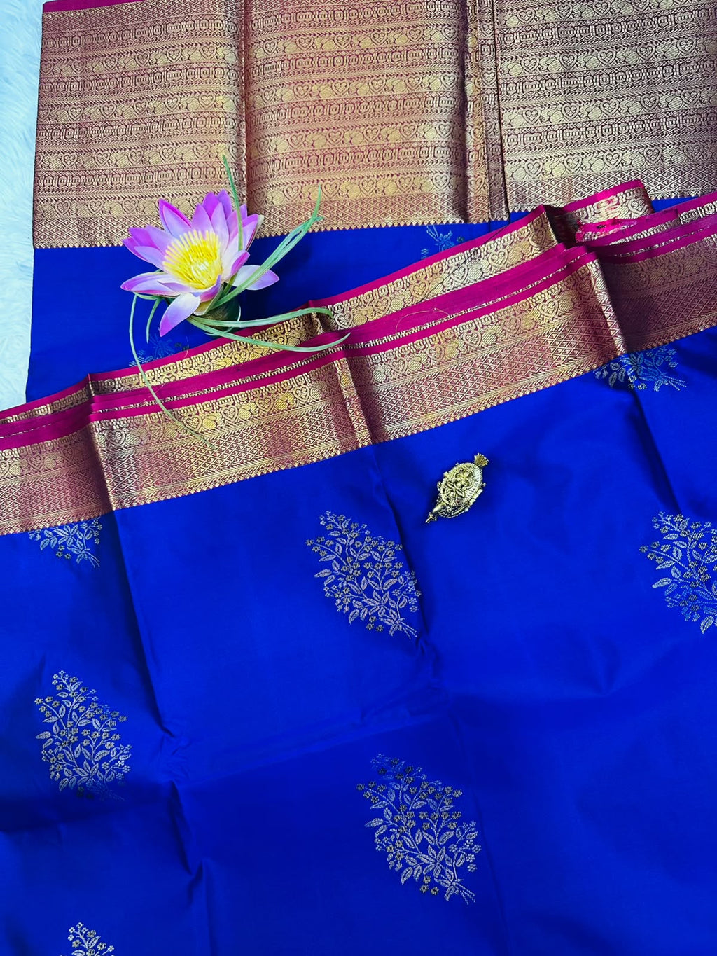 Royal Blue Semi-Silk Kancheepuram Saree with Gold & Pink Zari Border
