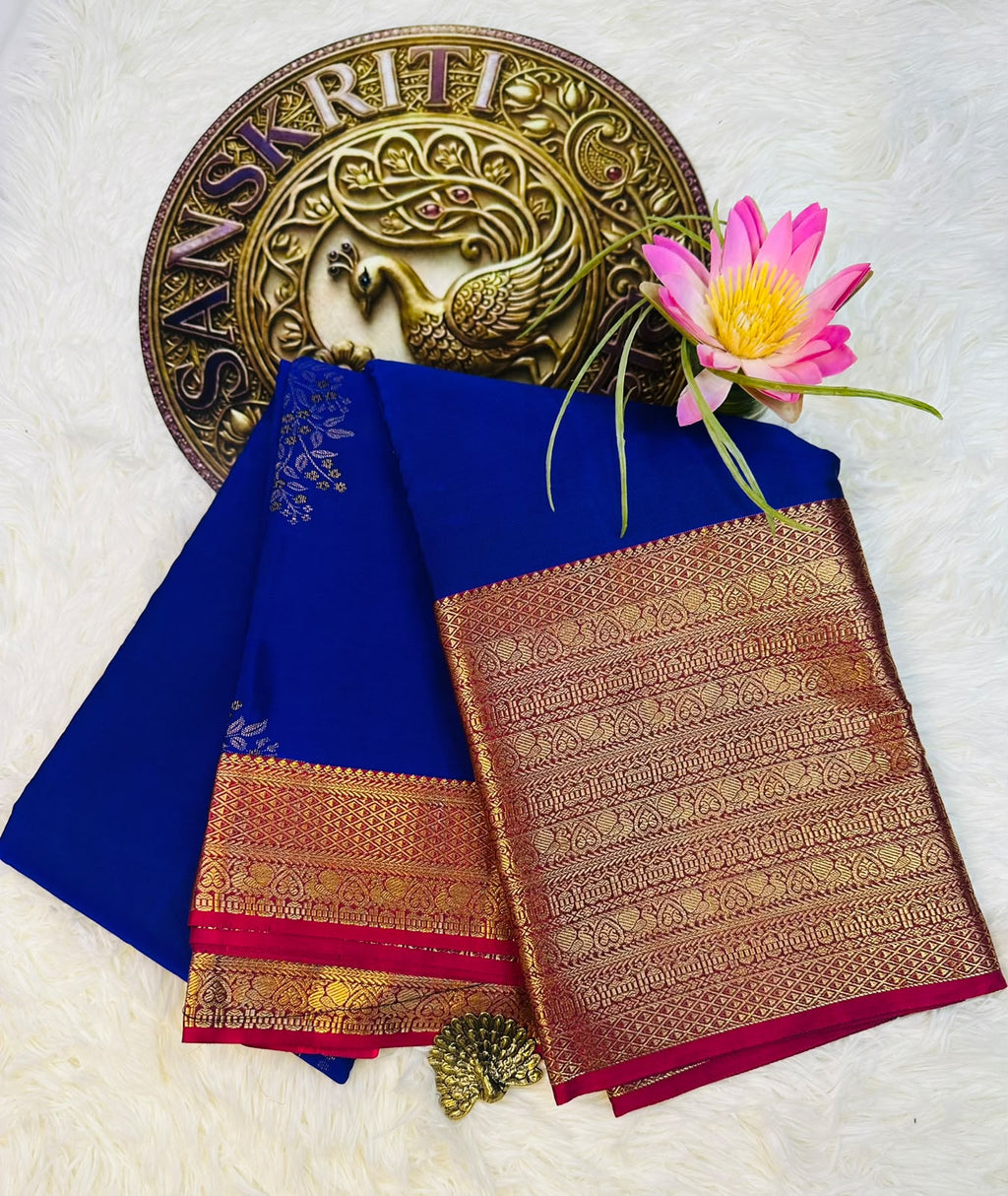 Royal Blue Semi-Silk Kancheepuram Saree with Gold & Pink Zari Border