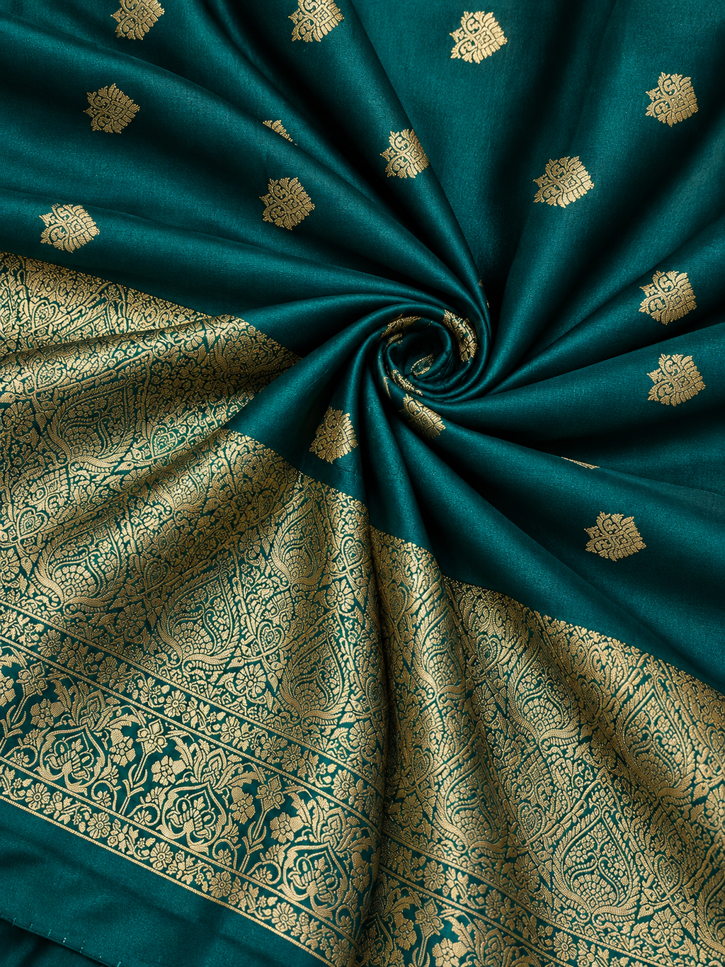 Emerald Green Mysore Semi Silk Saree with Gold Zari Motifs & Rich Pallu