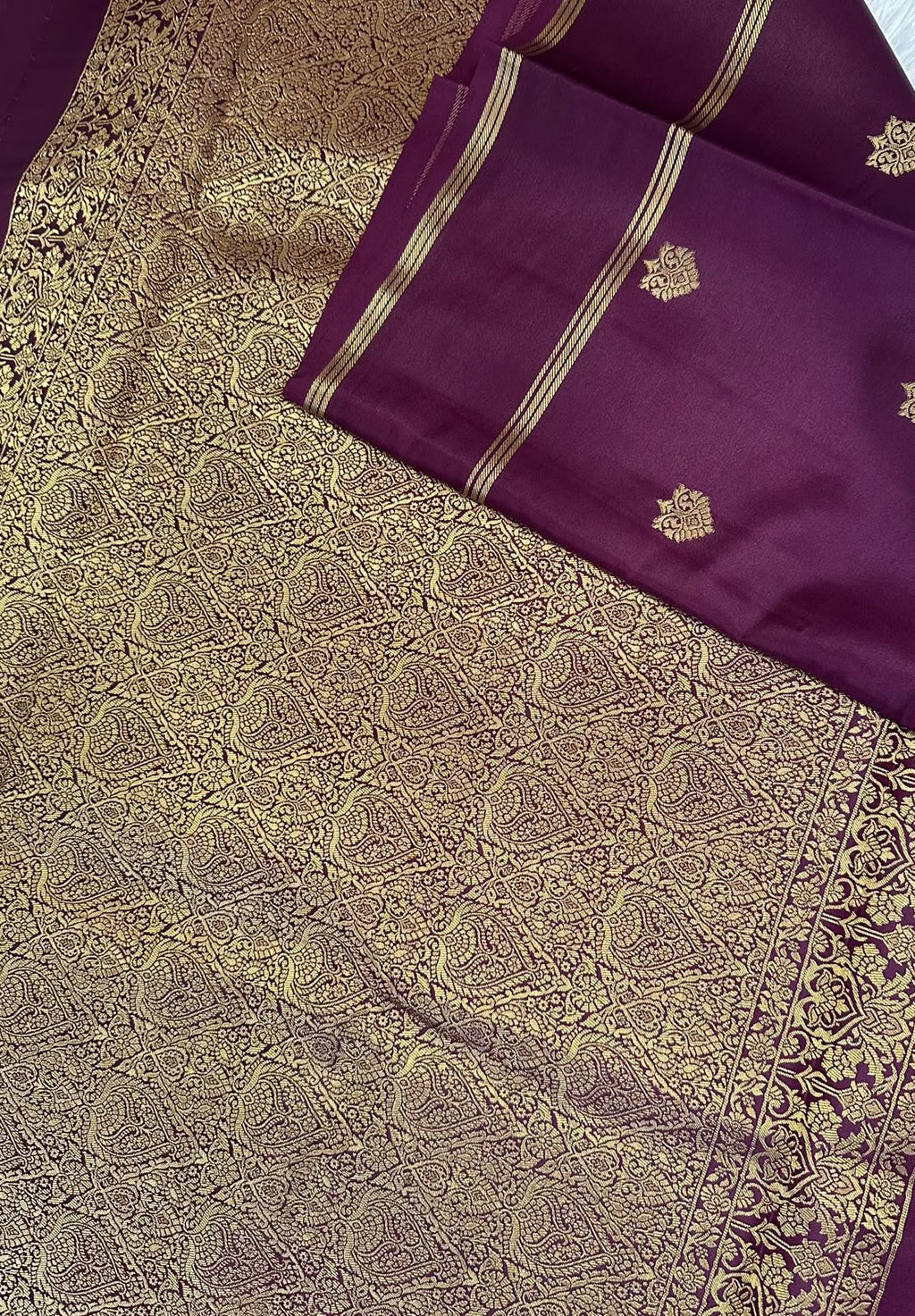 Plum Mysore Silk Saree with Gold Zari Weave | Traditional Diwali Saree