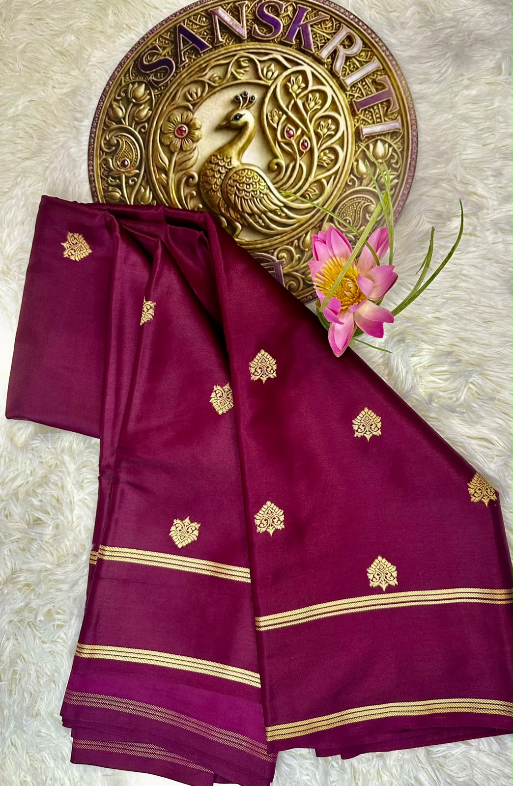 Plum Mysore Silk Saree with Gold Zari Weave | Traditional Diwali Saree