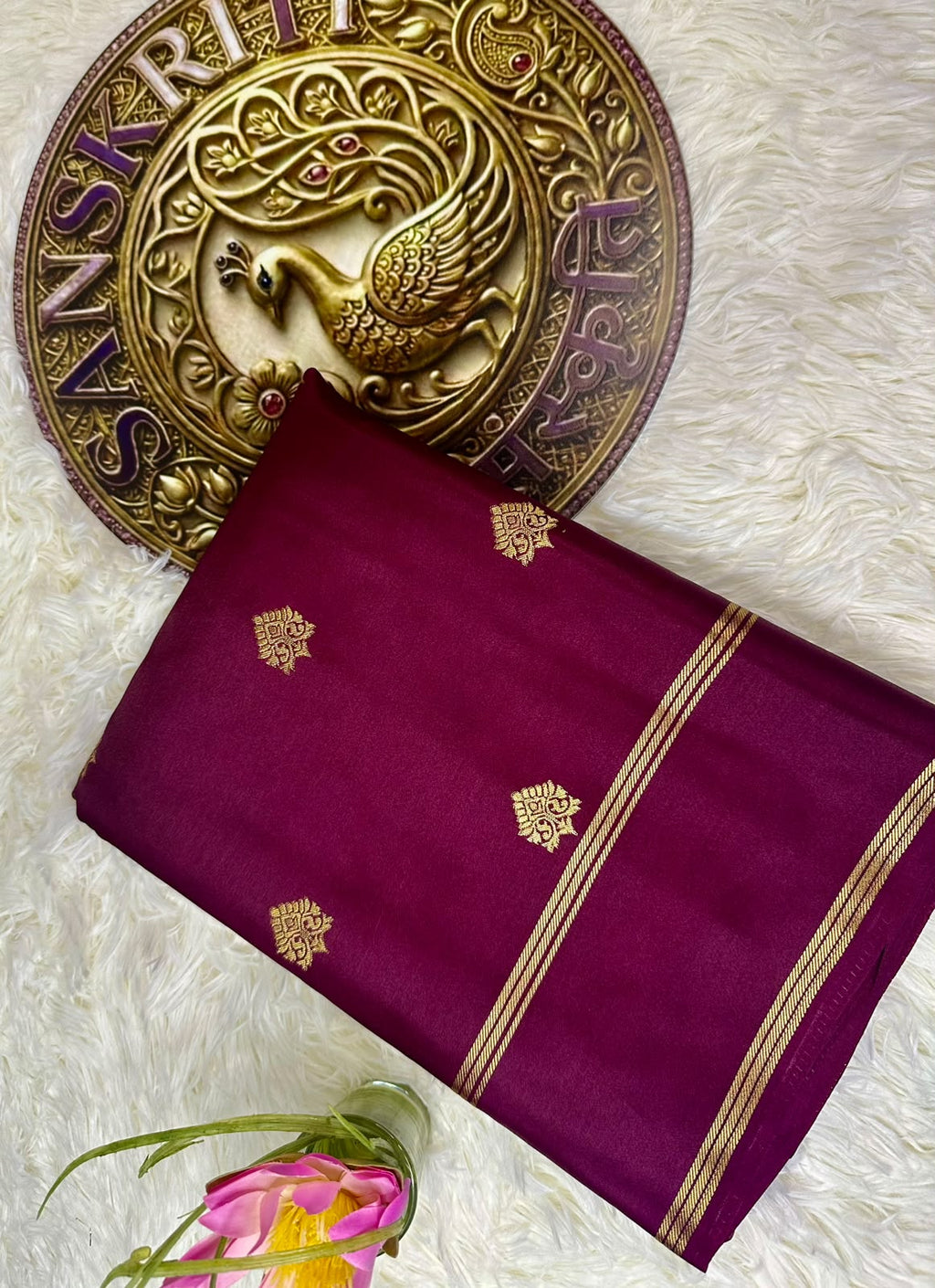 Plum Mysore Silk Saree with Gold Zari Weave | Traditional Diwali Saree