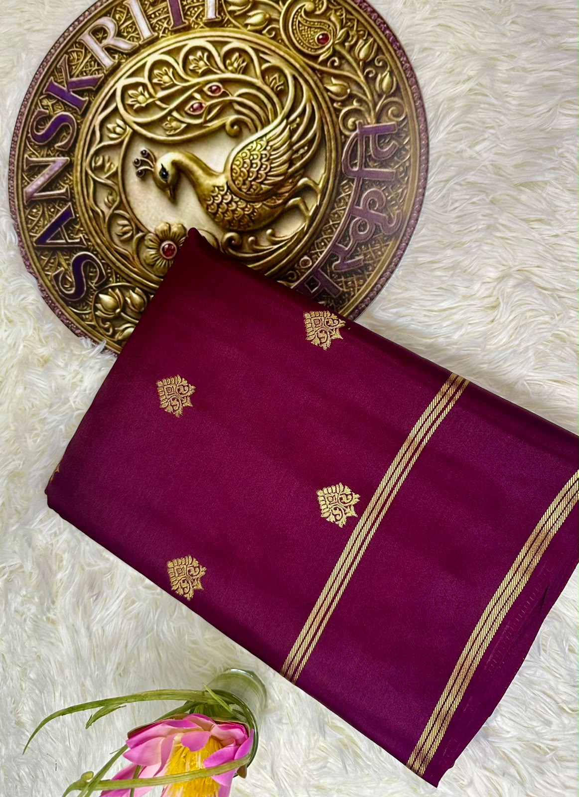 Plum Mysore Silk Saree with Gold Zari Weave | Traditional Diwali Saree