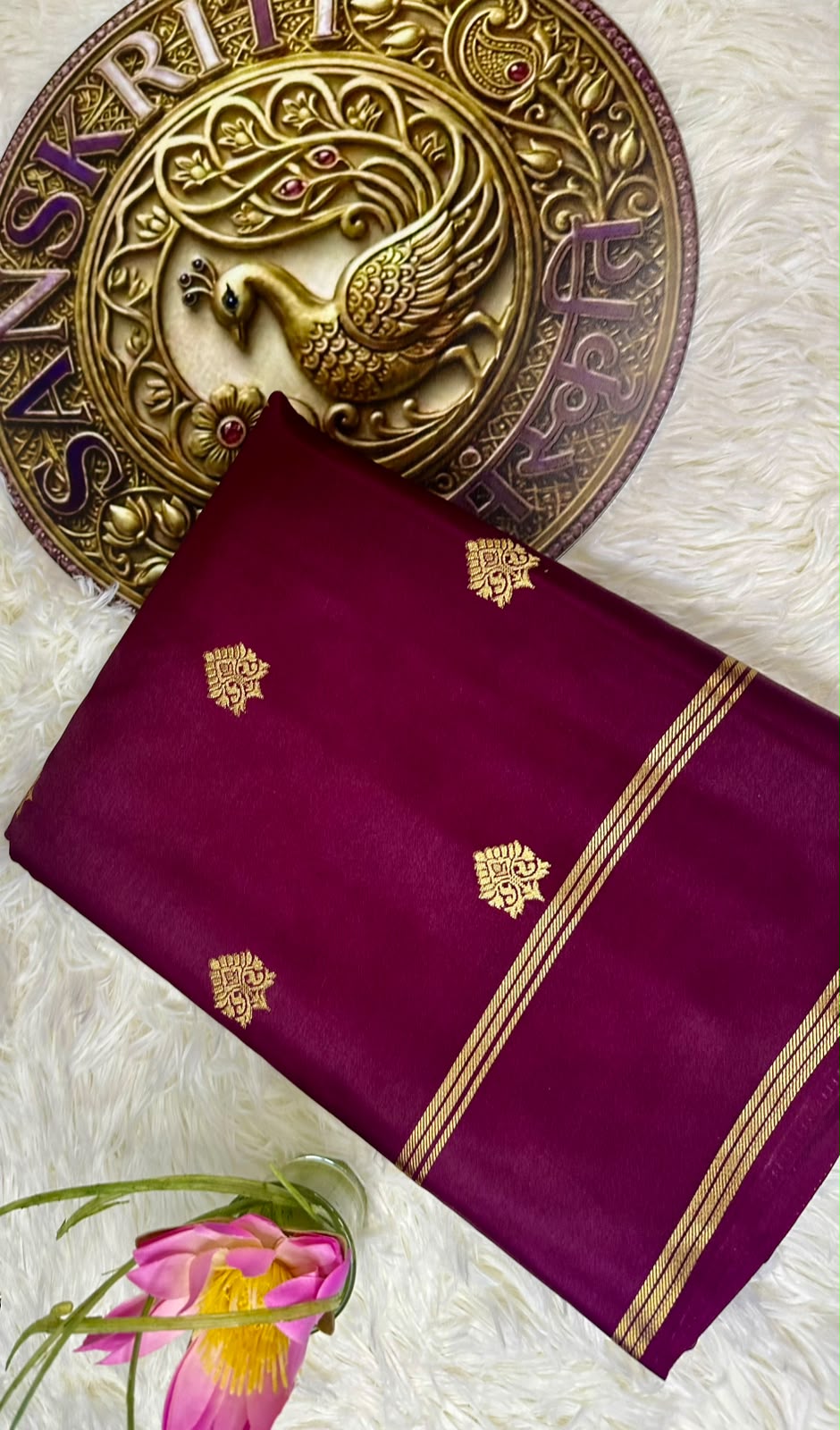 Plum Mysore Silk Saree with Gold Zari Weave | Traditional Diwali Saree