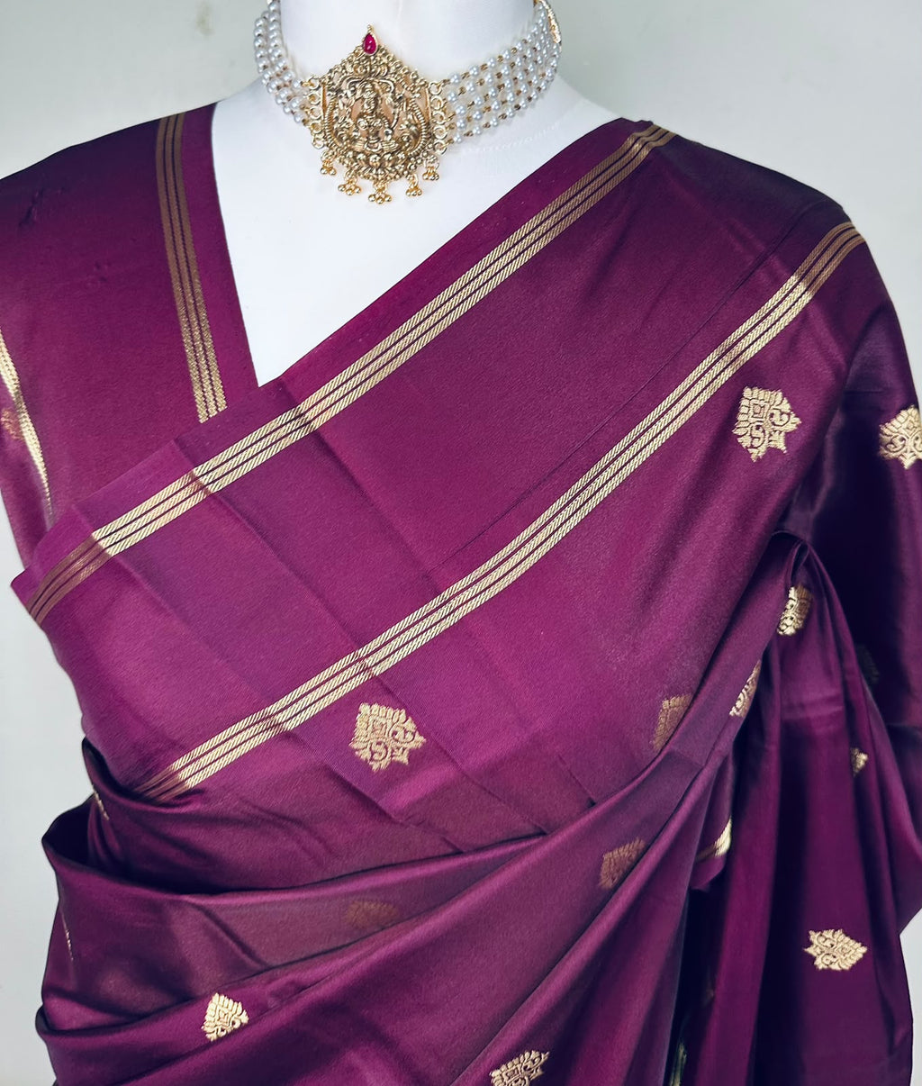 Plum Mysore Silk Saree with Gold Zari Weave | Traditional Diwali Saree