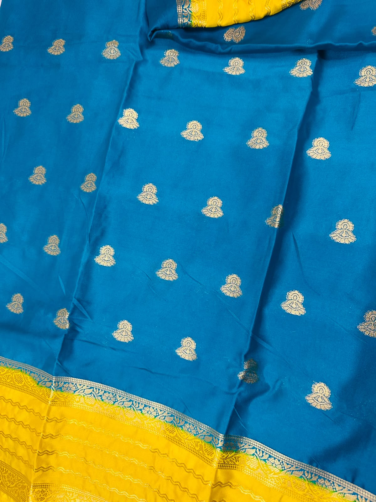 Blue & Yellow Mysore Silk Saree with Gold Woven Motifs | Diwali Saree