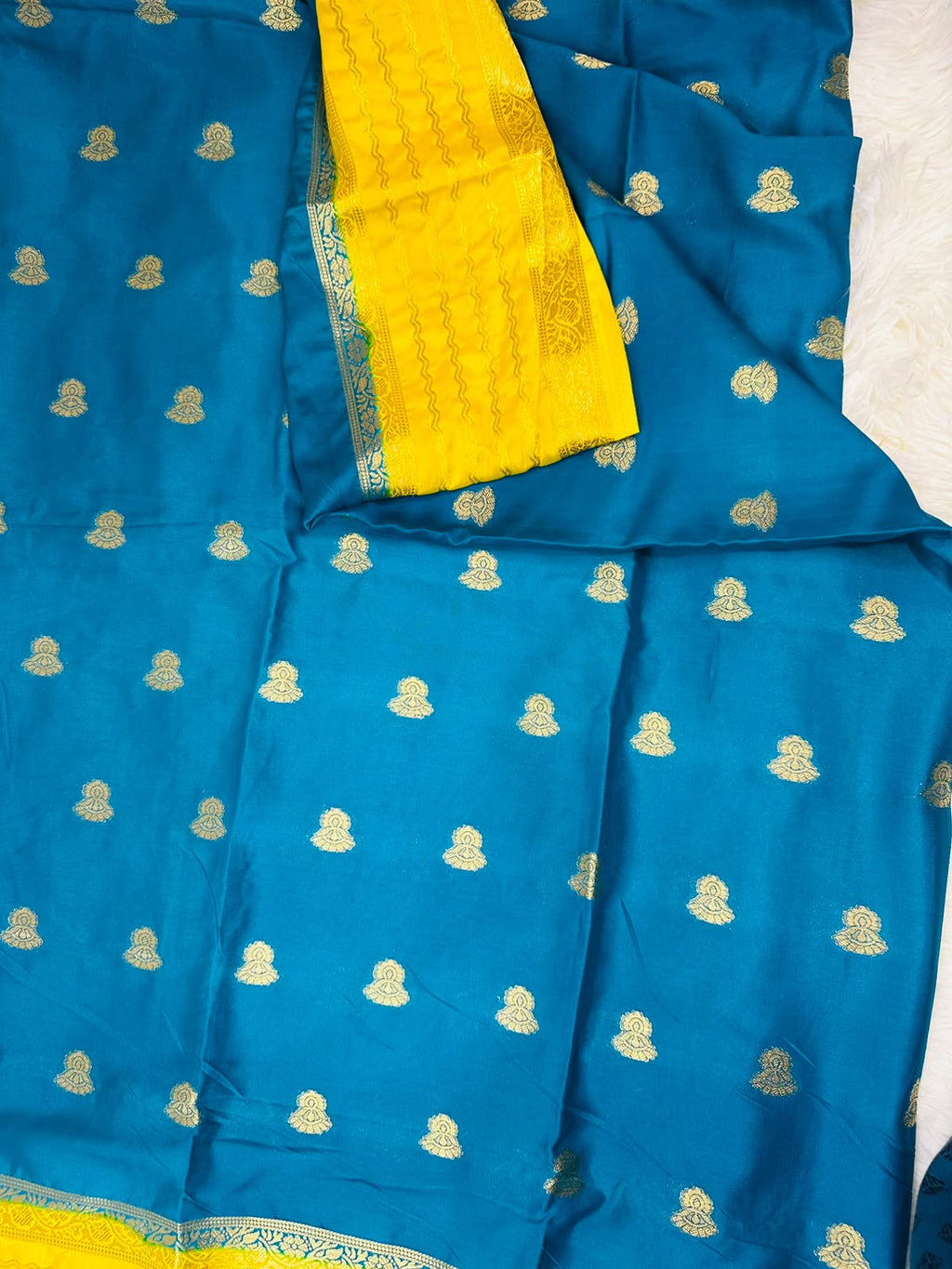 Blue & Yellow Mysore Silk Saree with Gold Woven Motifs | Diwali Saree