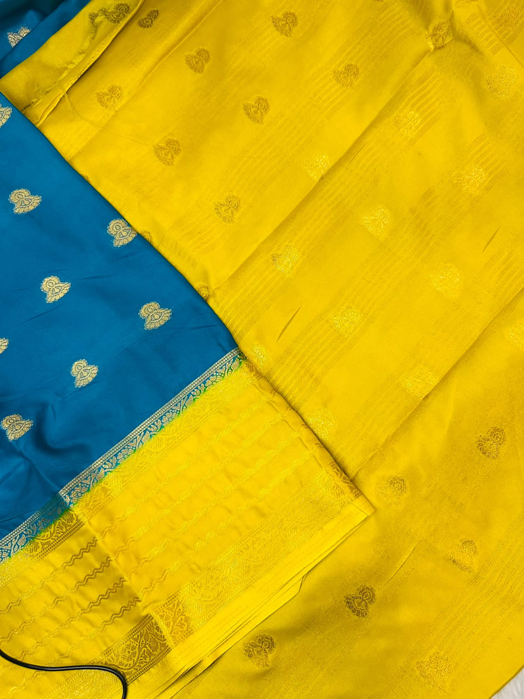 Blue & Yellow Mysore Silk Saree with Gold Woven Motifs | Diwali Saree