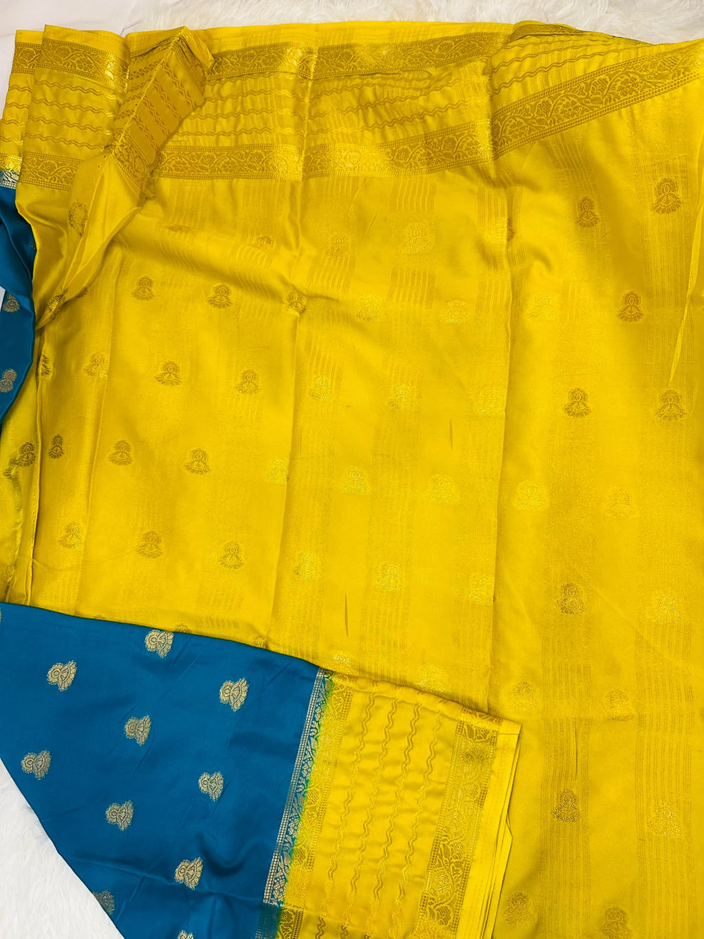 Blue & Yellow Mysore Silk Saree with Gold Woven Motifs | Diwali Saree