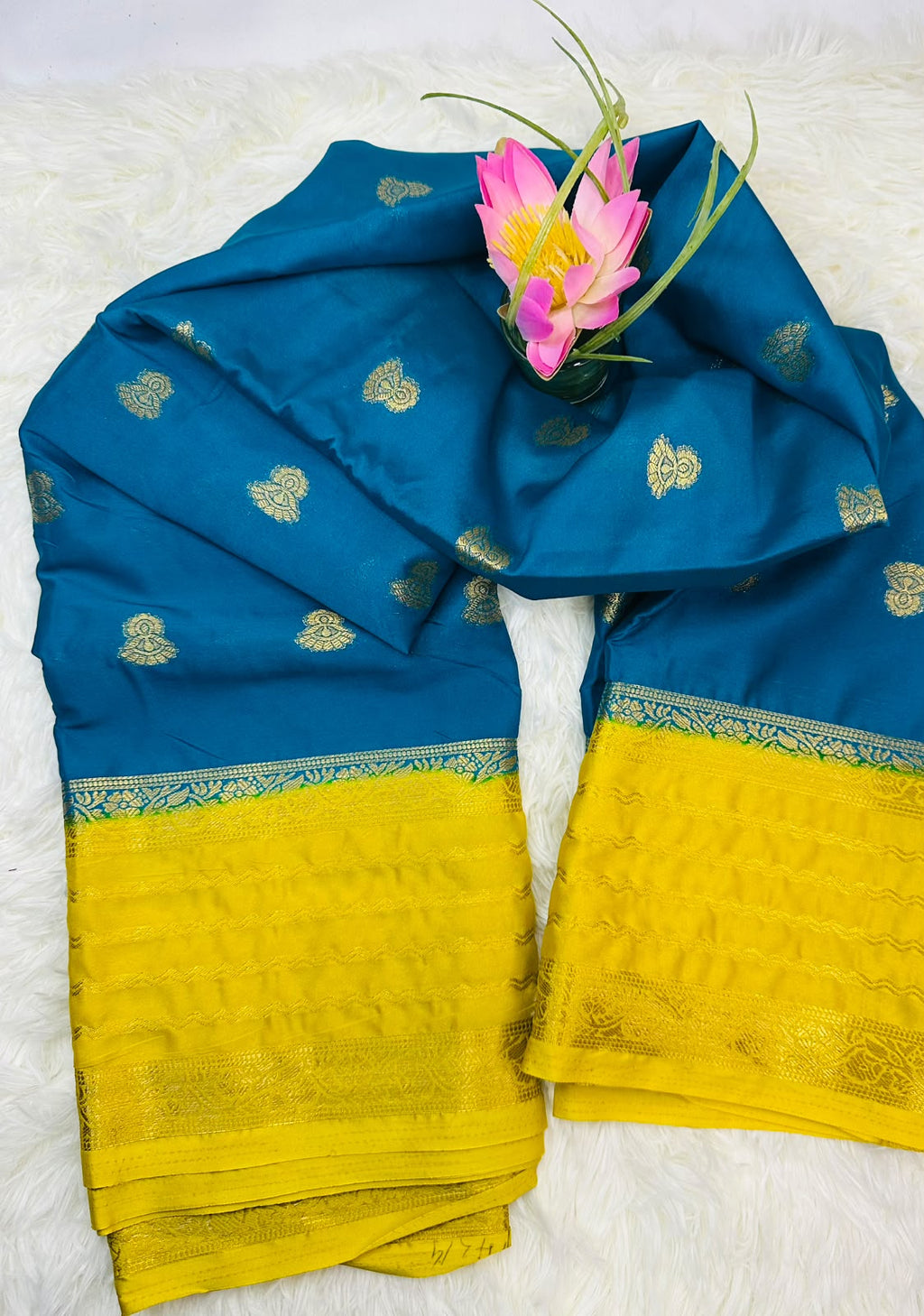 Blue & Yellow Mysore Silk Saree with Gold Woven Motifs | Diwali Saree