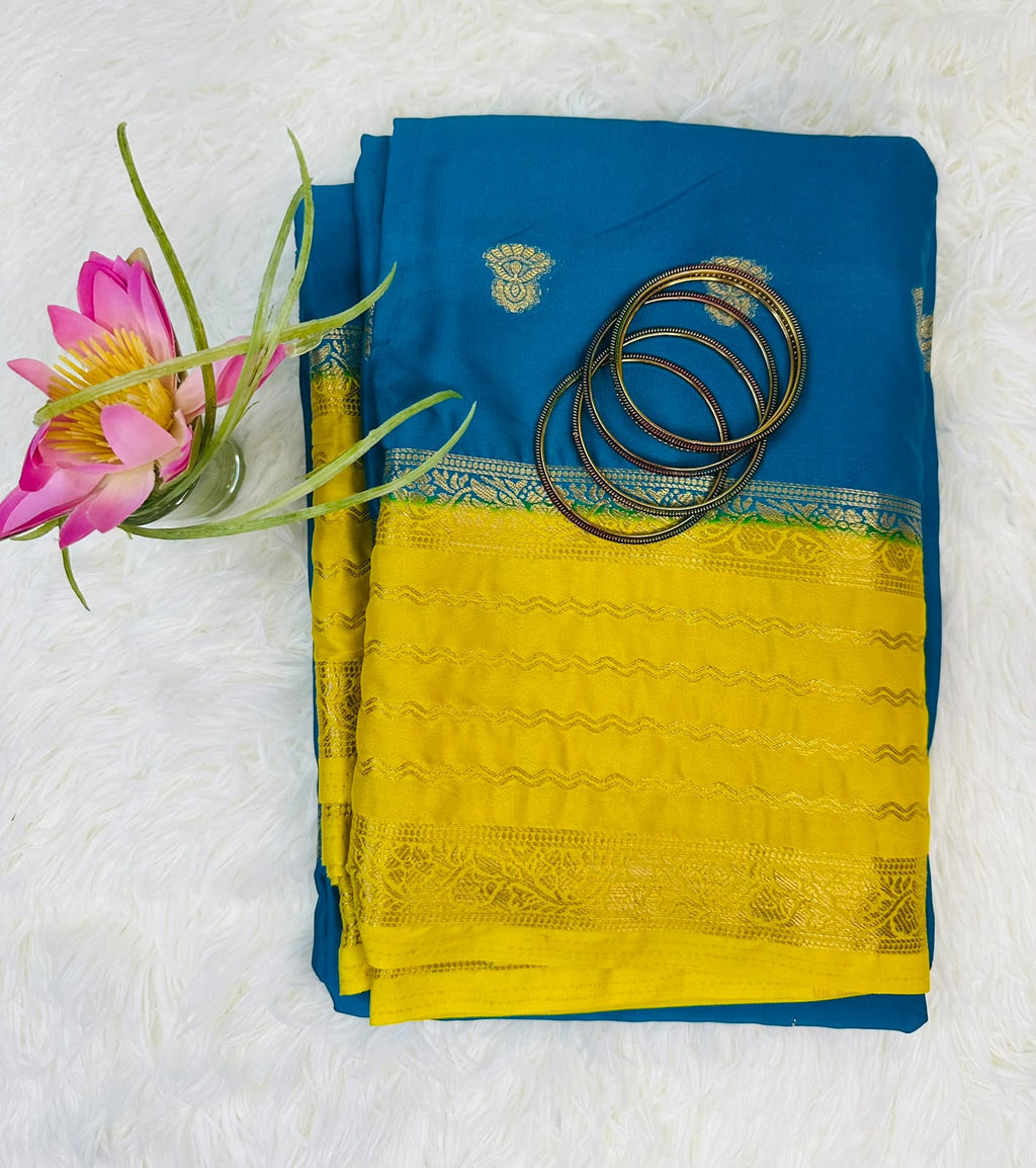 Blue & Yellow Mysore Silk Saree with Gold Woven Motifs | Diwali Saree