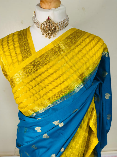 Blue & Yellow Mysore Silk Saree with Gold Woven Motifs | Diwali Saree