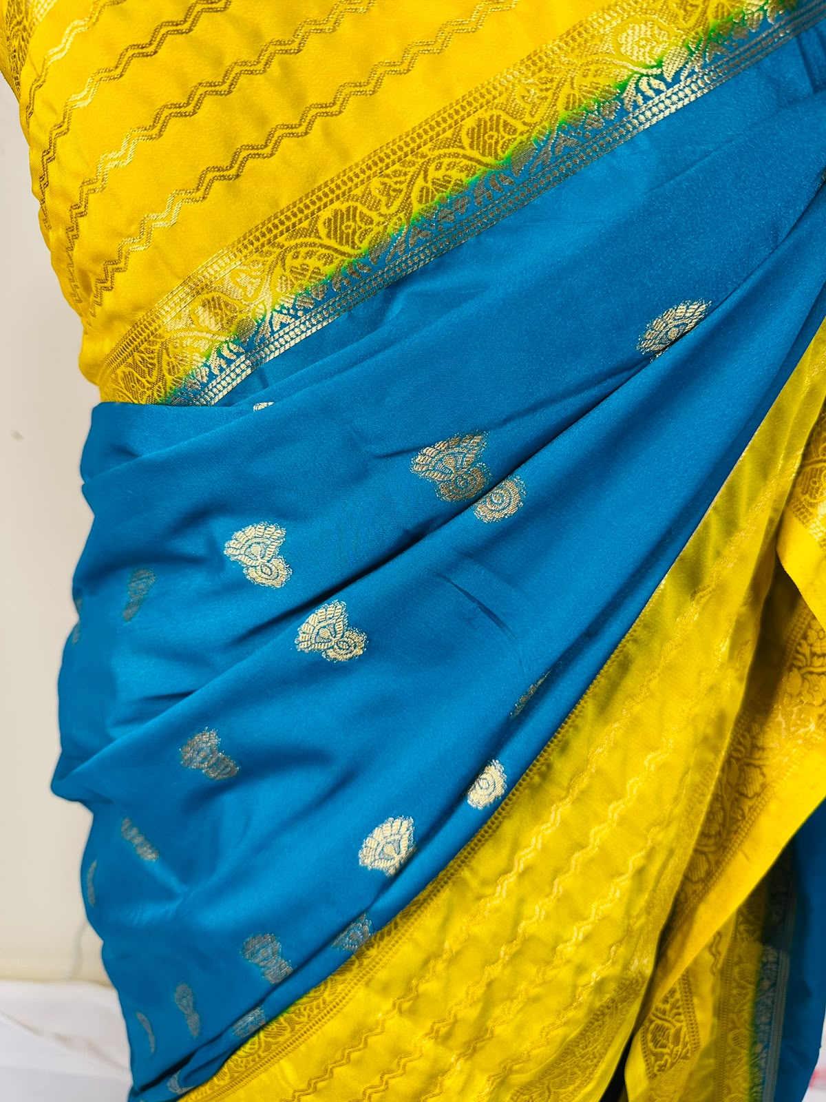 Blue & Yellow Mysore Silk Saree with Gold Woven Motifs | Diwali Saree