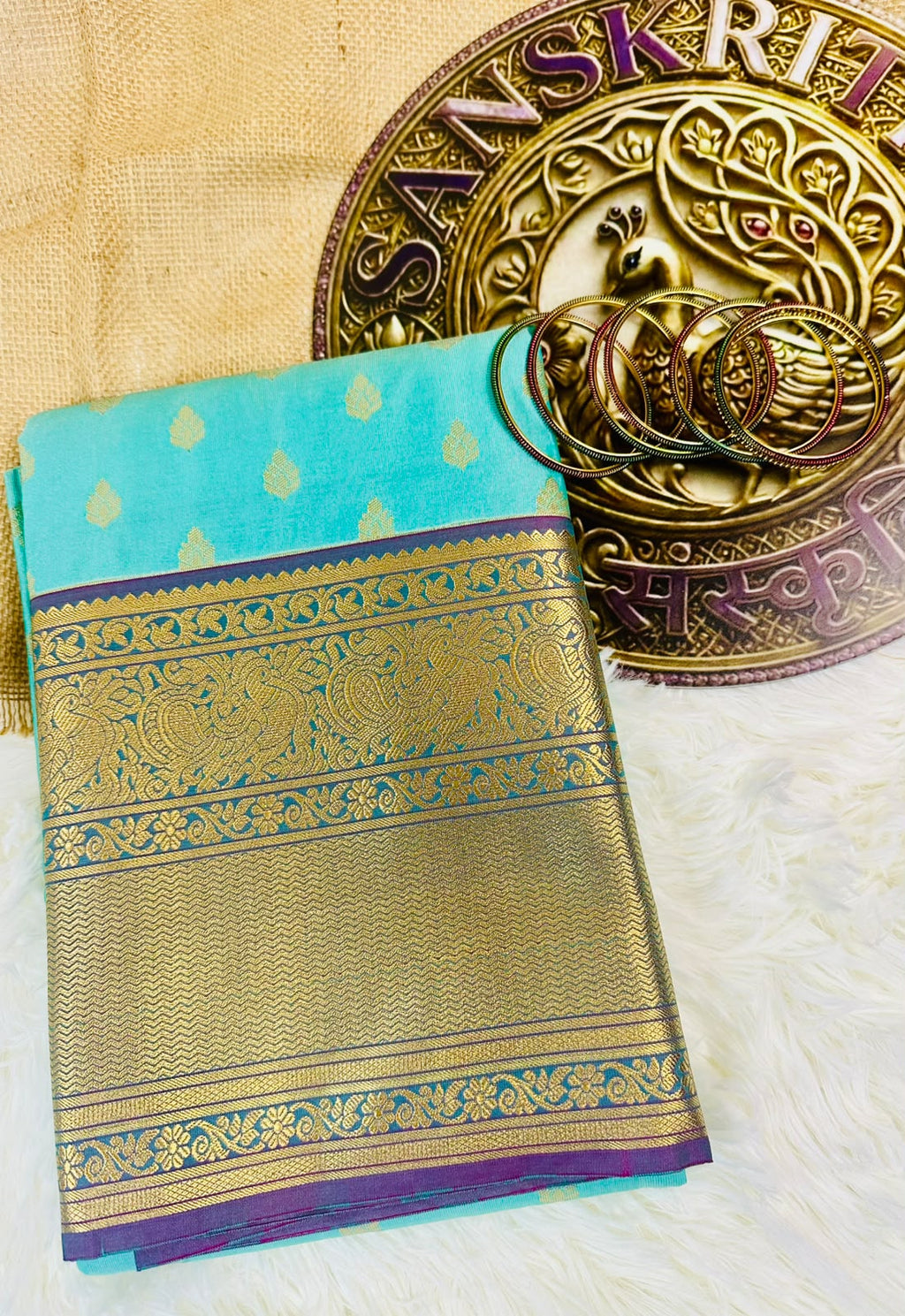 Aqua Blue Semi Kanjeevaram Saree with Gold Zari Border | Diwali Saree