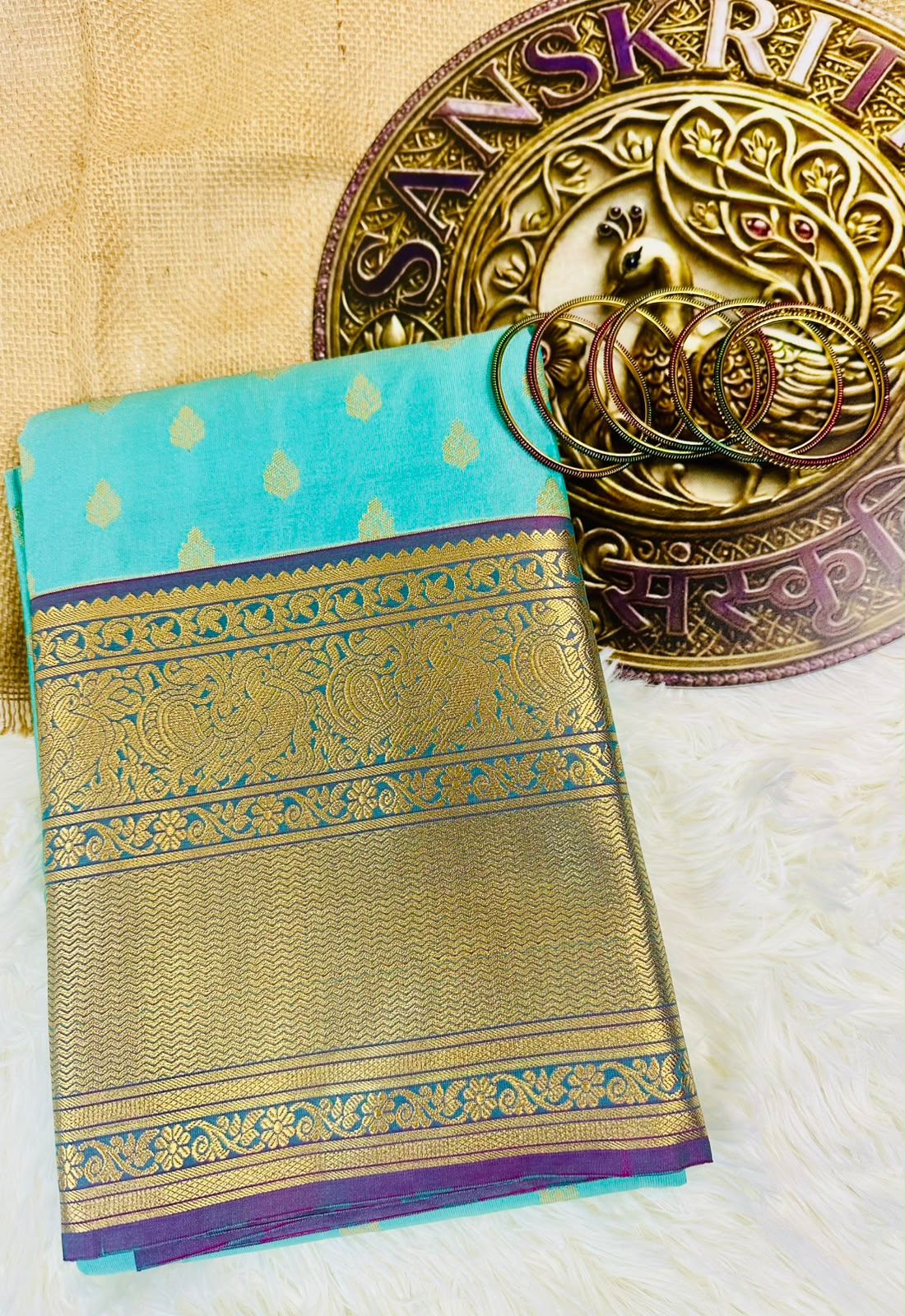Aqua Blue Semi Kanjeevaram Saree with Gold Zari Border | Diwali Saree