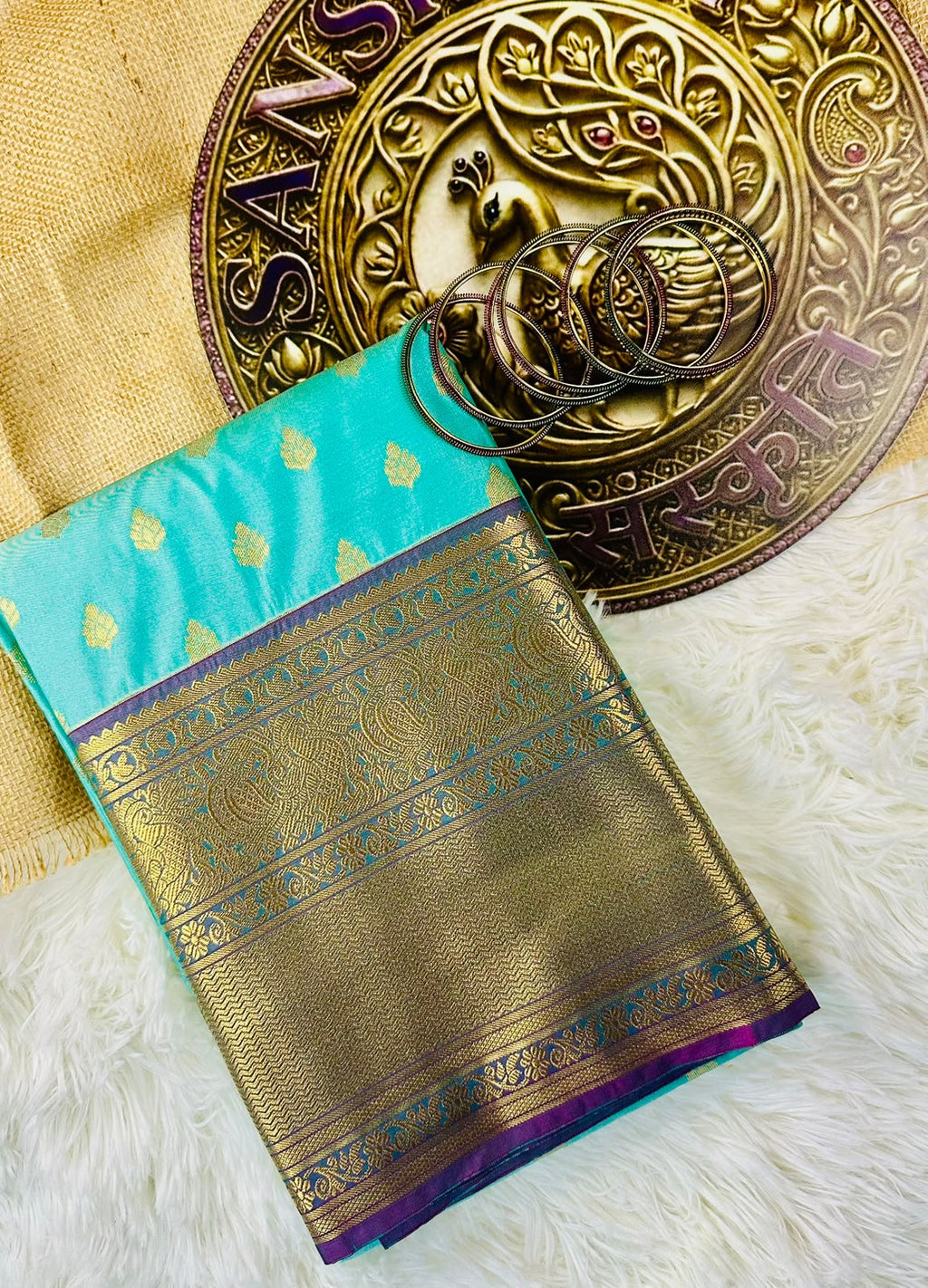 Aqua Blue Semi Kanjeevaram Saree with Gold Zari Border | Diwali Saree
