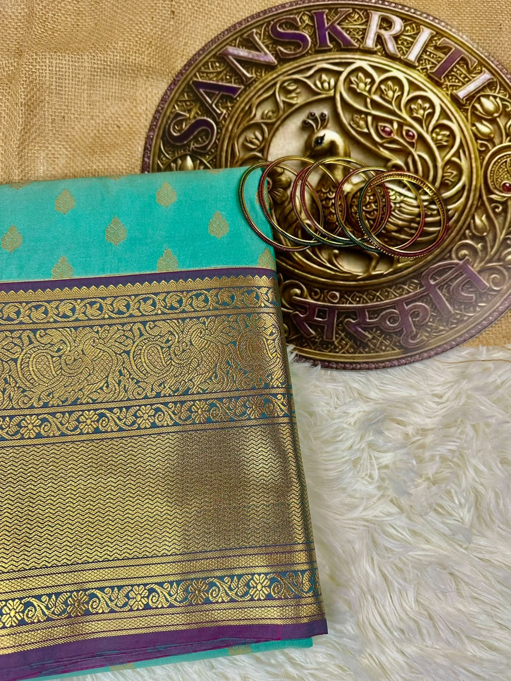 Aqua Blue Semi Kanjeevaram Saree with Gold Zari Border | Diwali Saree