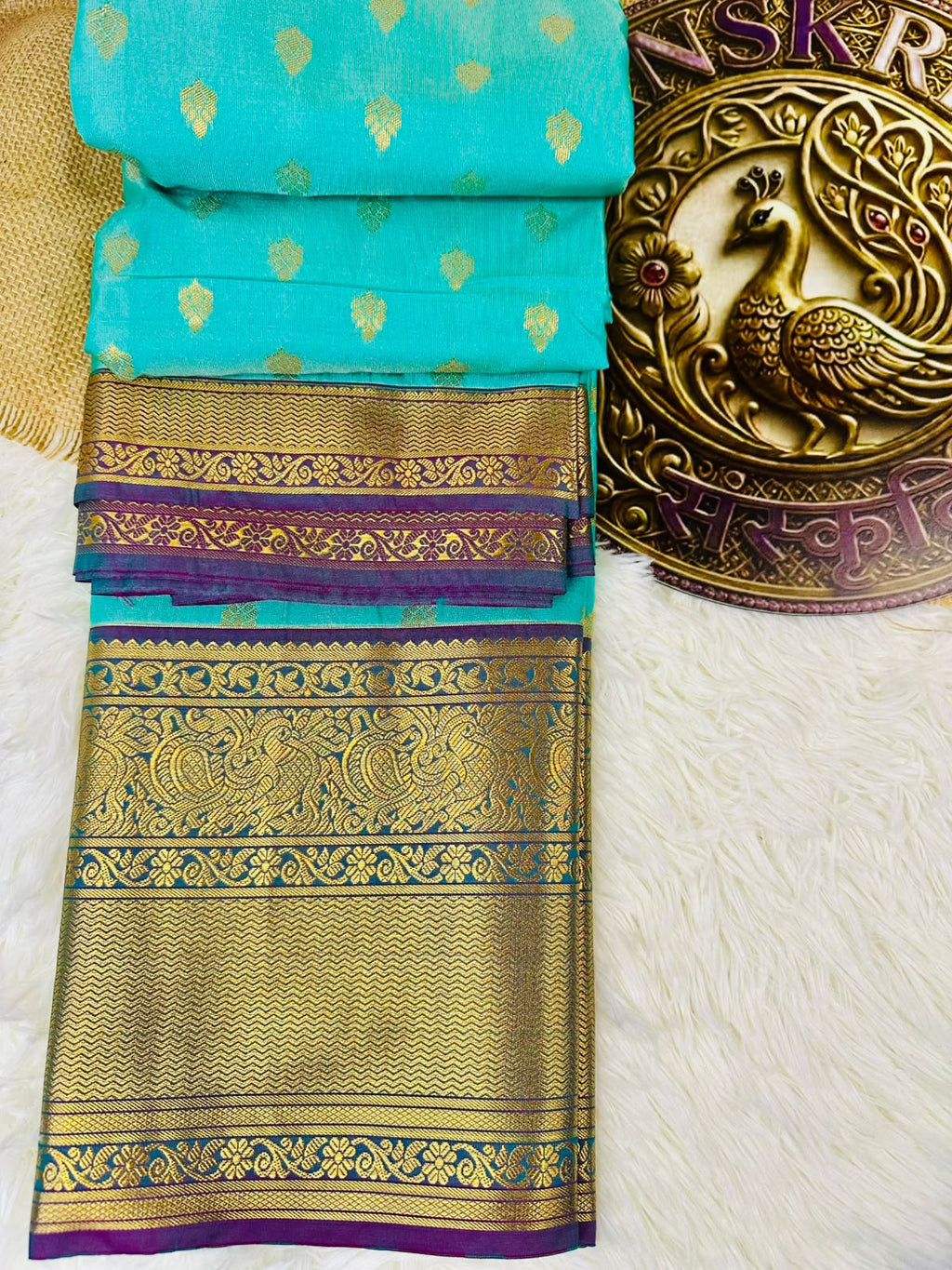 Aqua Blue Semi Kanjeevaram Saree with Gold Zari Border | Diwali Saree