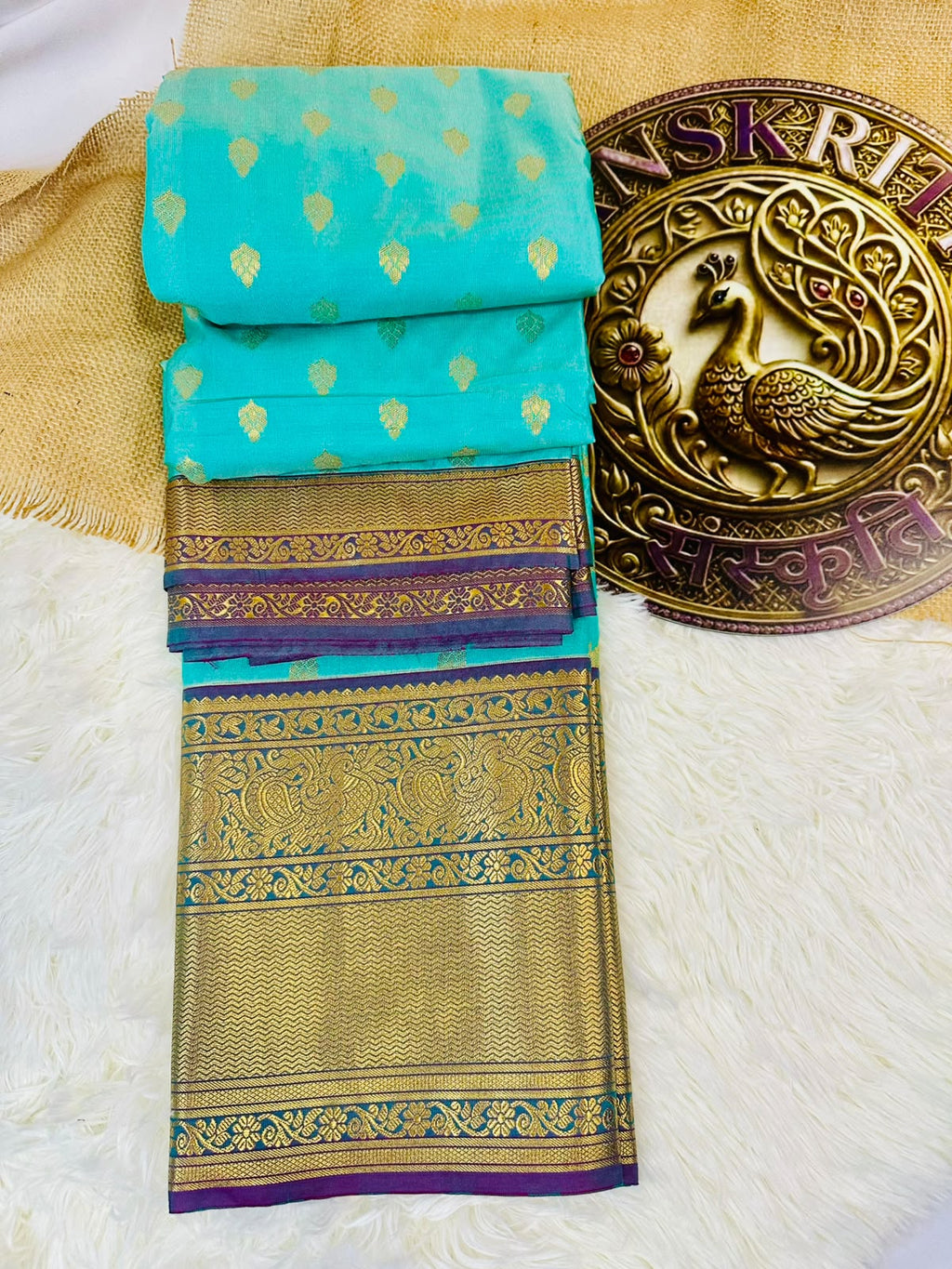 Aqua Blue Semi Kanjeevaram Saree with Gold Zari Border | Diwali Saree