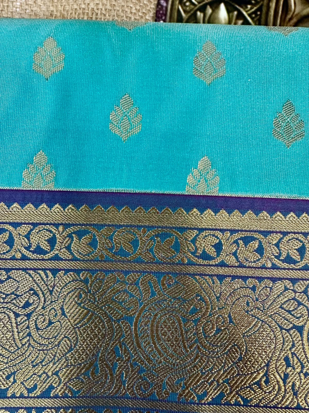Aqua Blue Semi Kanjeevaram Saree with Gold Zari Border | Diwali Saree