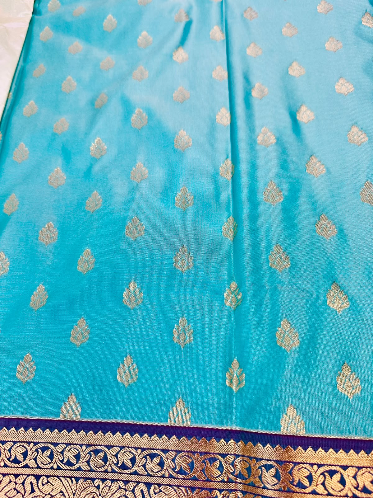 Aqua Blue Semi Kanjeevaram Saree with Gold Zari Border | Diwali Saree