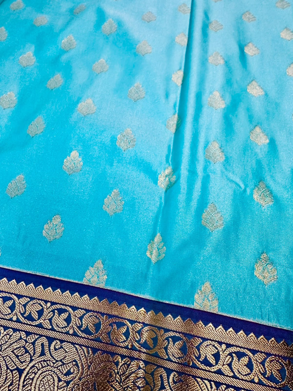 Aqua Blue Semi Kanjeevaram Saree with Gold Zari Border | Diwali Saree