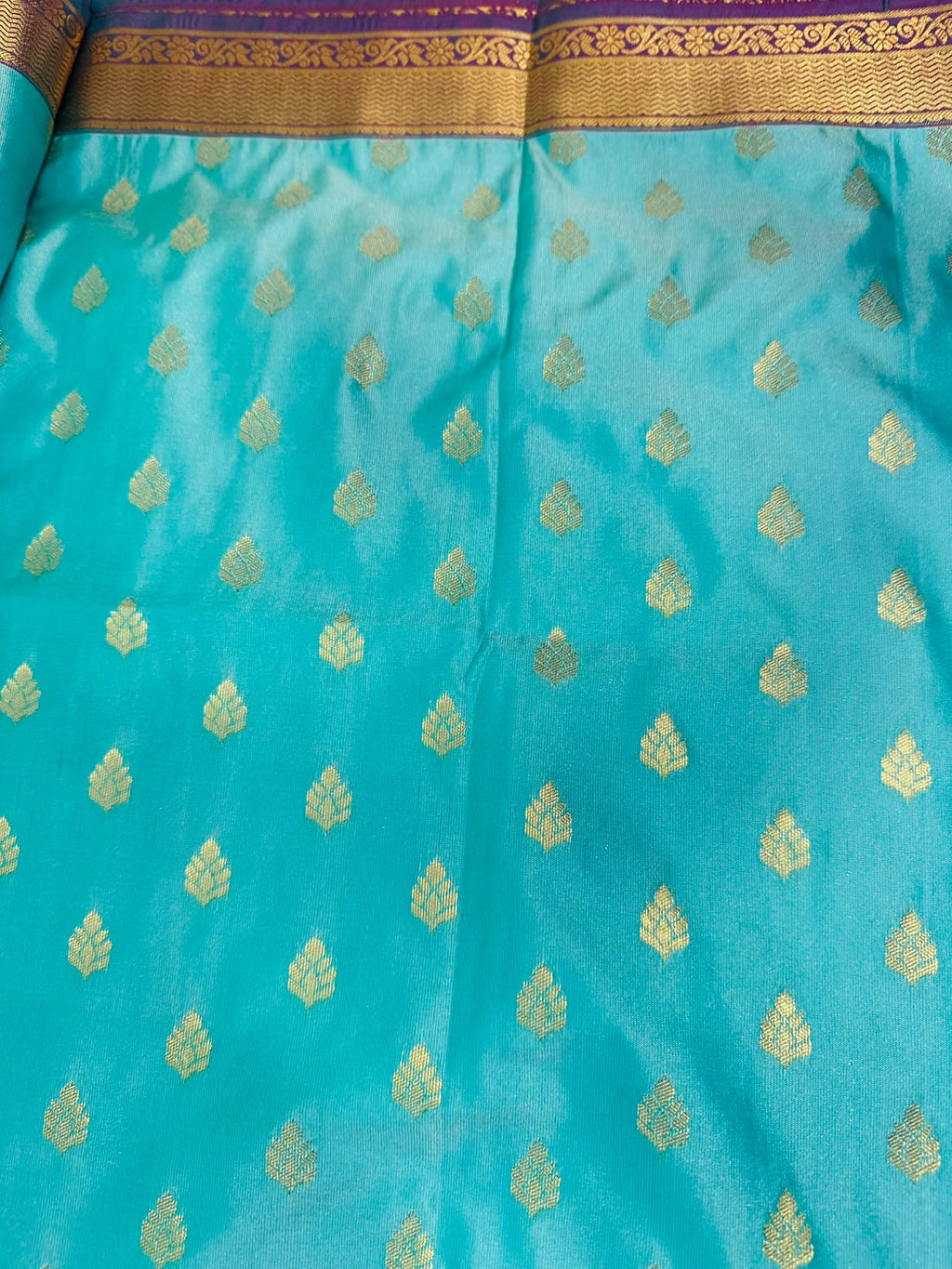 Aqua Blue Semi Kanjeevaram Saree with Gold Zari Border | Diwali Saree