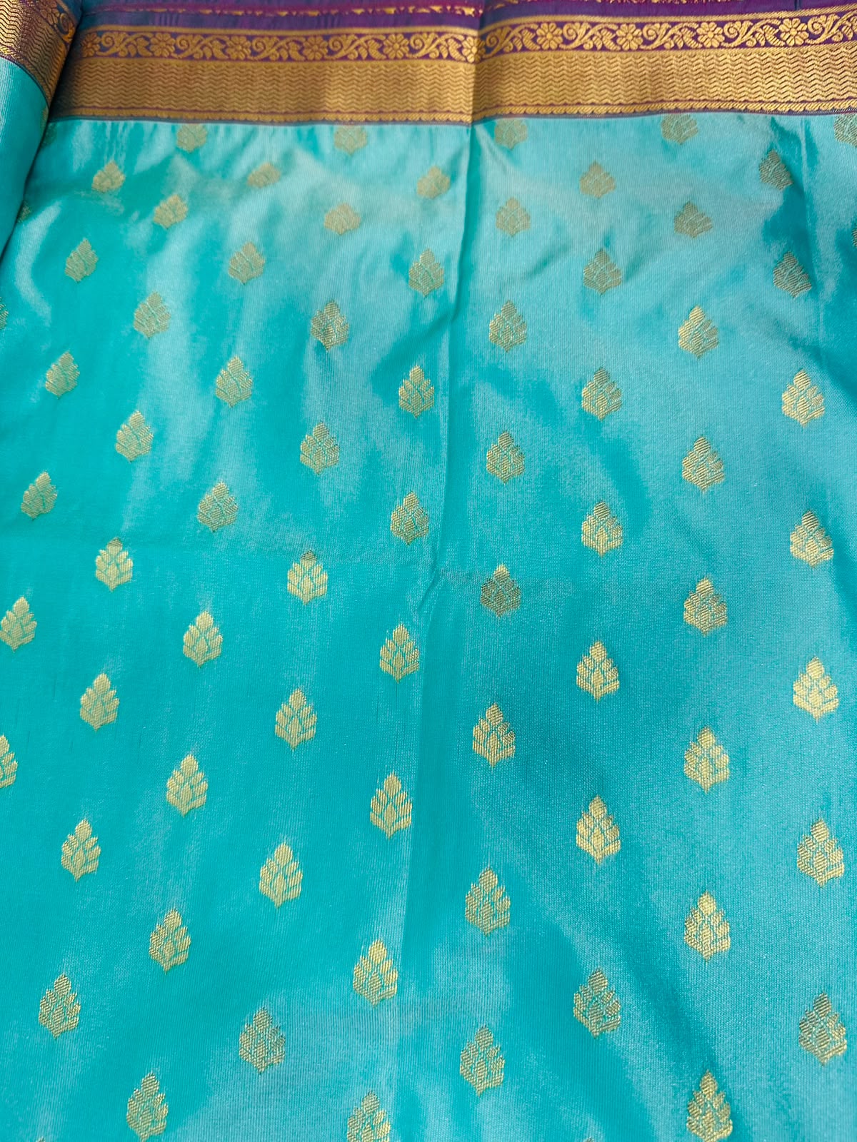Aqua Blue Semi Kanjeevaram Saree with Gold Zari Border | Diwali Saree