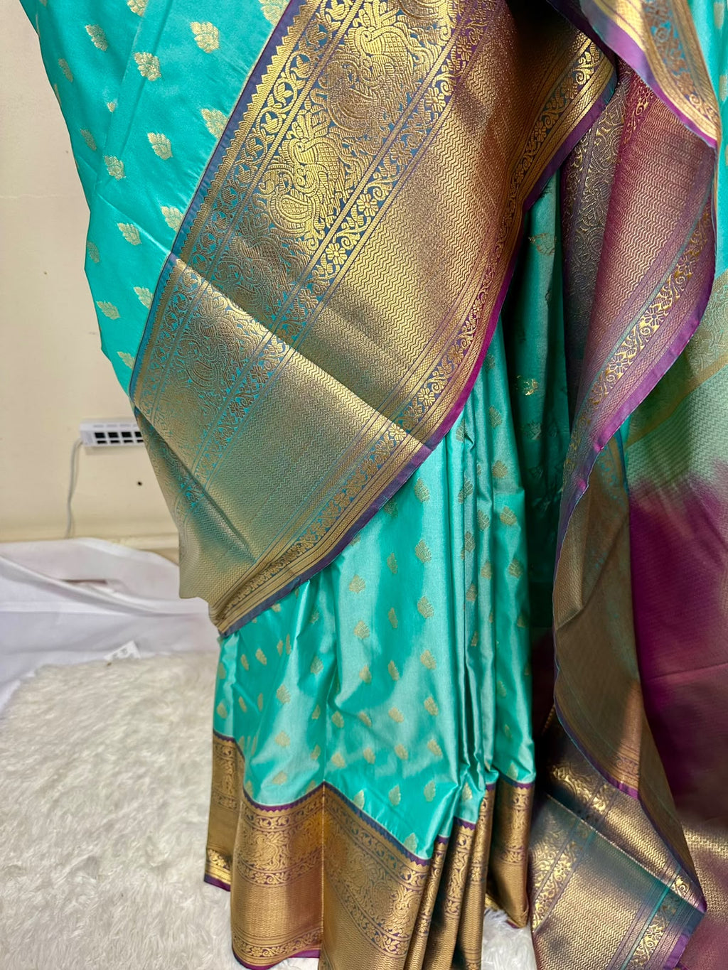 Aqua Blue Semi Kanjeevaram Saree with Gold Zari Border | Diwali Saree