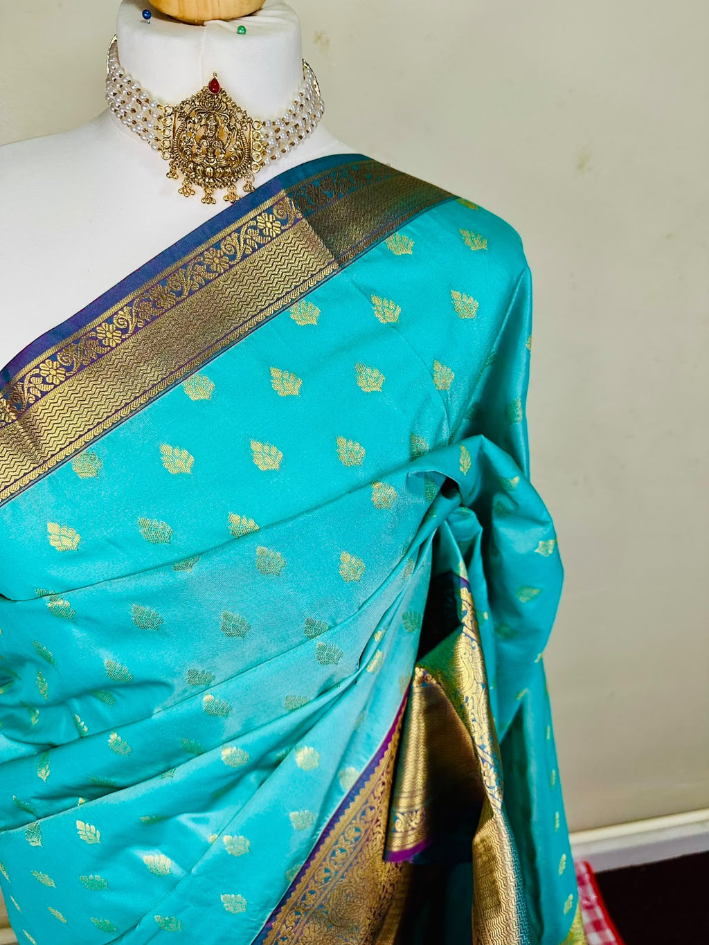 Aqua Blue Semi Kanjeevaram Saree with Gold Zari Border | Diwali Saree