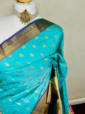 Aqua Blue Semi Kanjeevaram Saree with Gold Zari Border | Diwali Saree