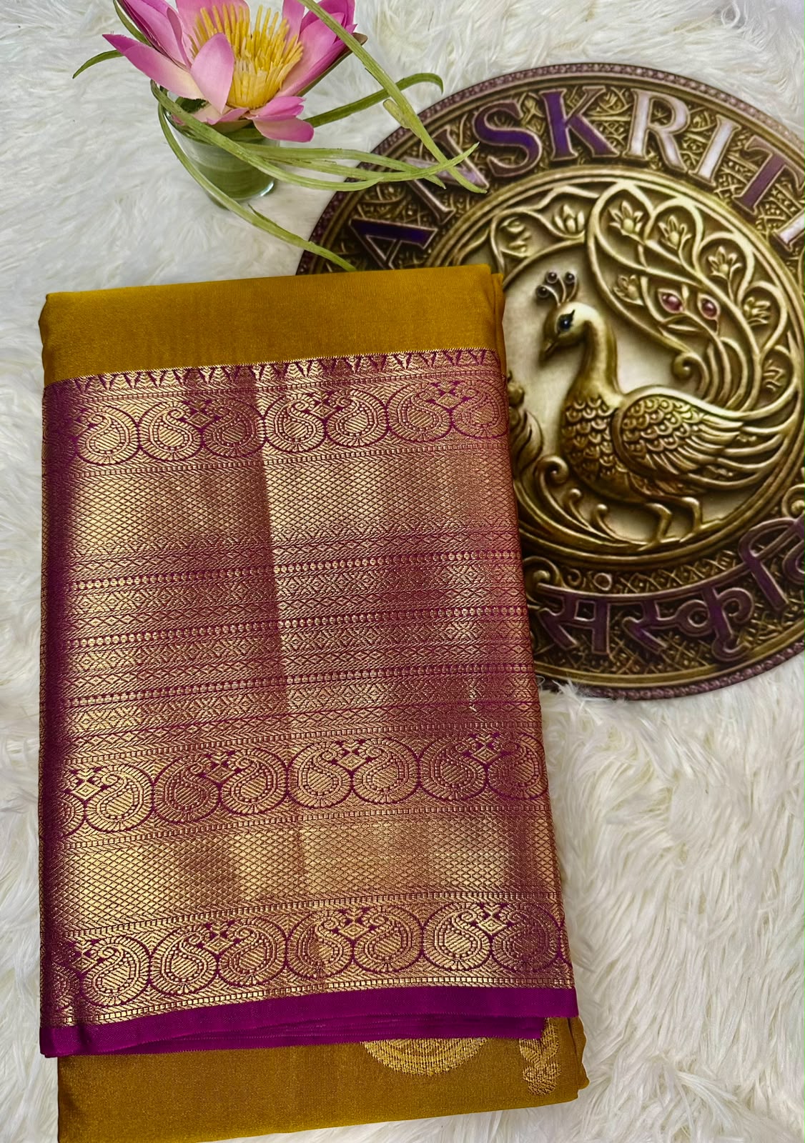 Mustard Gold Semi Kanjeevaram Saree with Magenta Zari Border | Diwali Saree