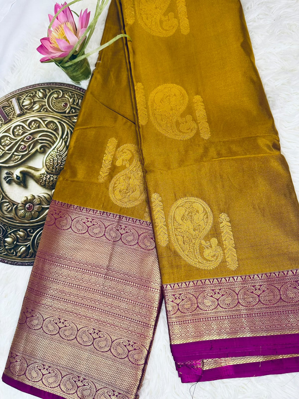 Mustard Gold Semi Kanjeevaram Saree with Magenta Zari Border | Diwali Saree