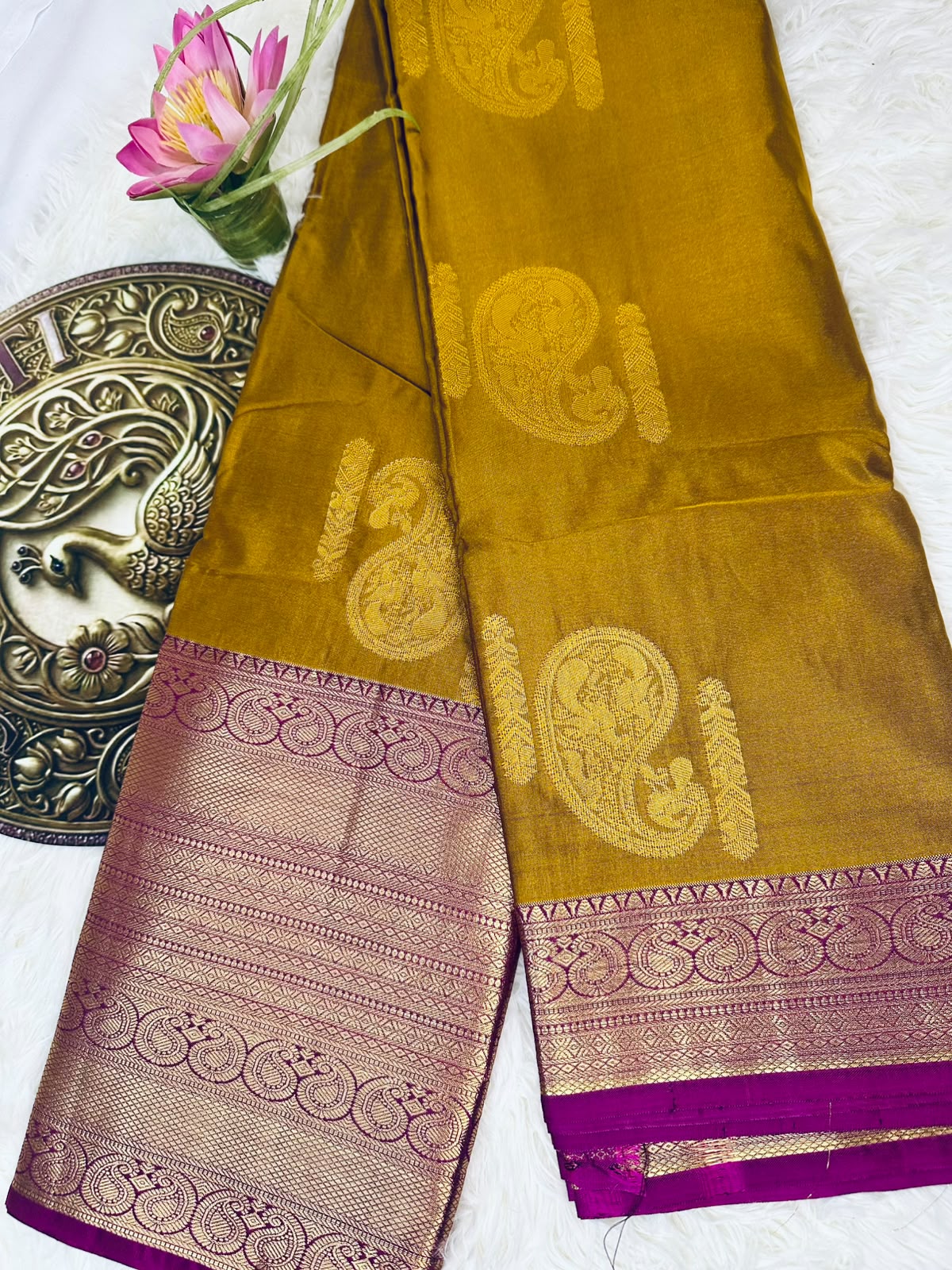 Mustard Gold Semi Kanjeevaram Saree with Magenta Zari Border | Diwali Saree