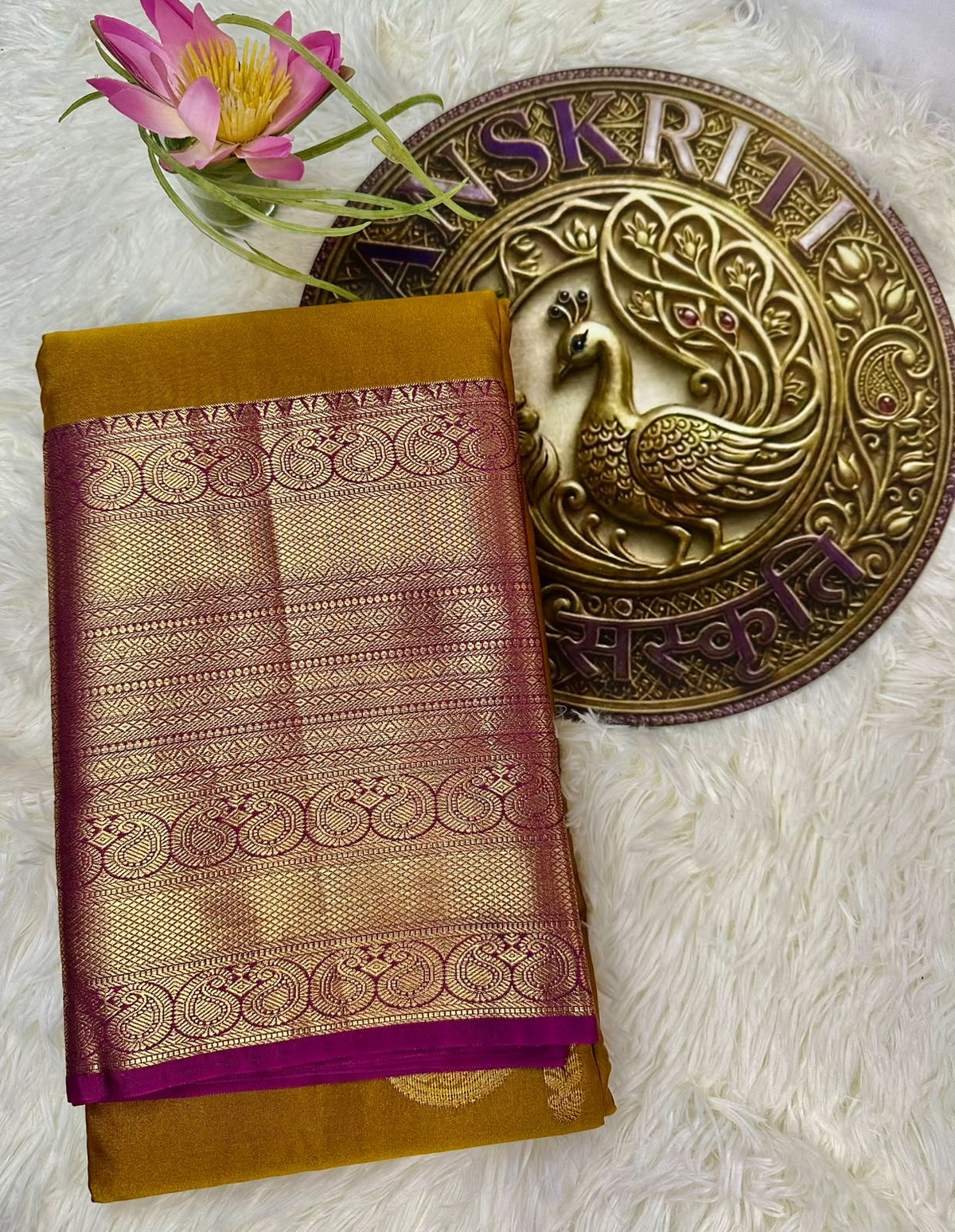 Mustard Gold Semi Kanjeevaram Saree with Magenta Zari Border | Diwali Saree