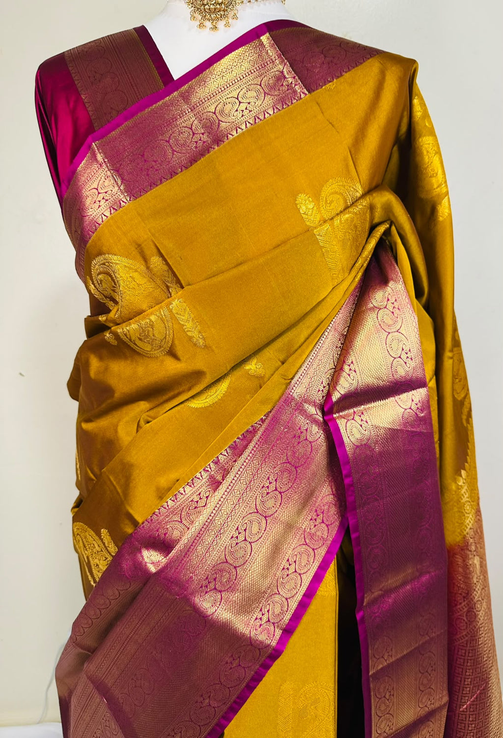 Mustard Gold Semi Kanjeevaram Saree with Magenta Zari Border | Diwali Saree